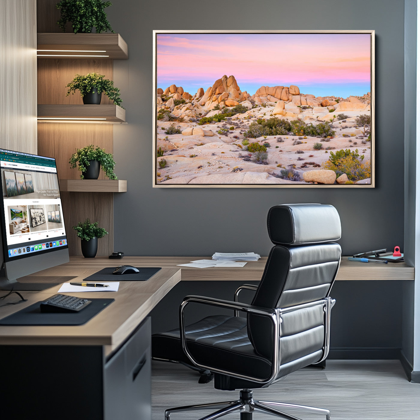 A breathtaking desert landscape featuring rugged rock formations under a vibrant pastel sunset sky, capturing the warmth and serenity of a Southwestern wilderness.