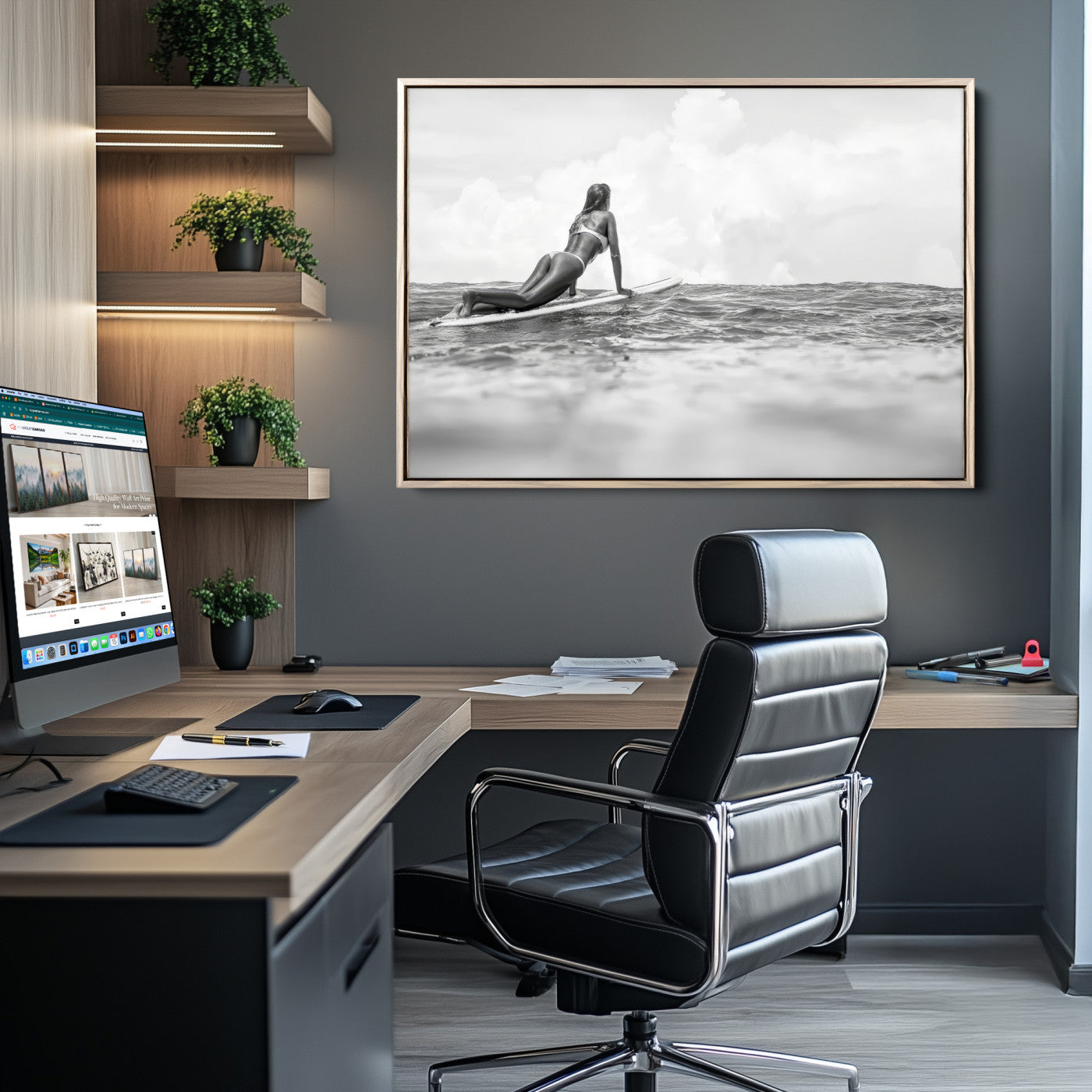 A black and white ocean scene featuring a surfer girl waiting on her board, gazing at the horizon, capturing a tranquil and adventurous coastal moment.