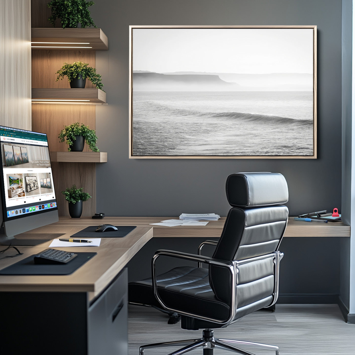 A black and white minimalist seascape featuring soft rolling waves and misty distant cliffs, creating a serene and timeless coastal atmosphere.
