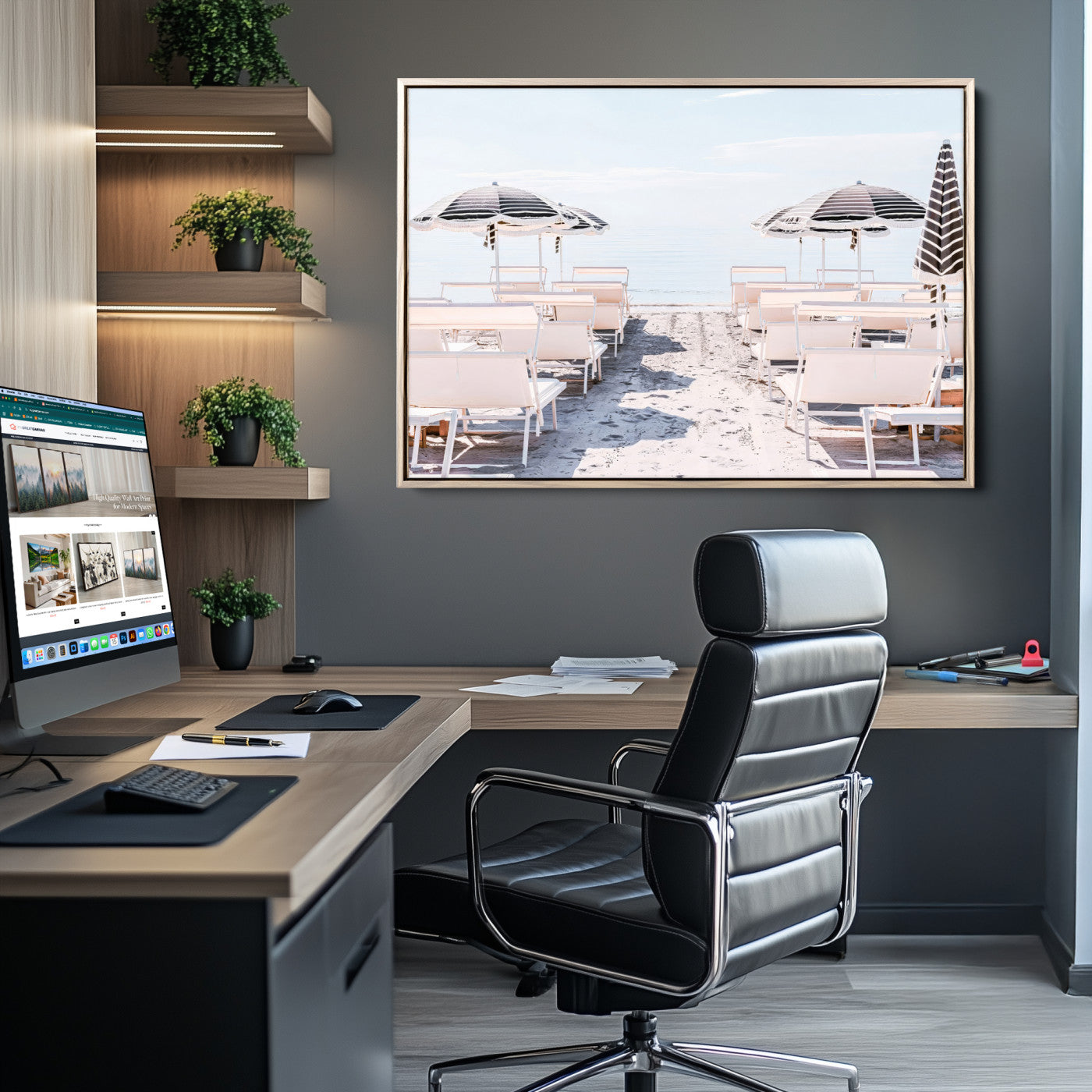 A serene minimalist beach scene featuring striped umbrellas, soft pastel sand, and an elegant lounge setup, creating a tranquil and stylish coastal retreat.
