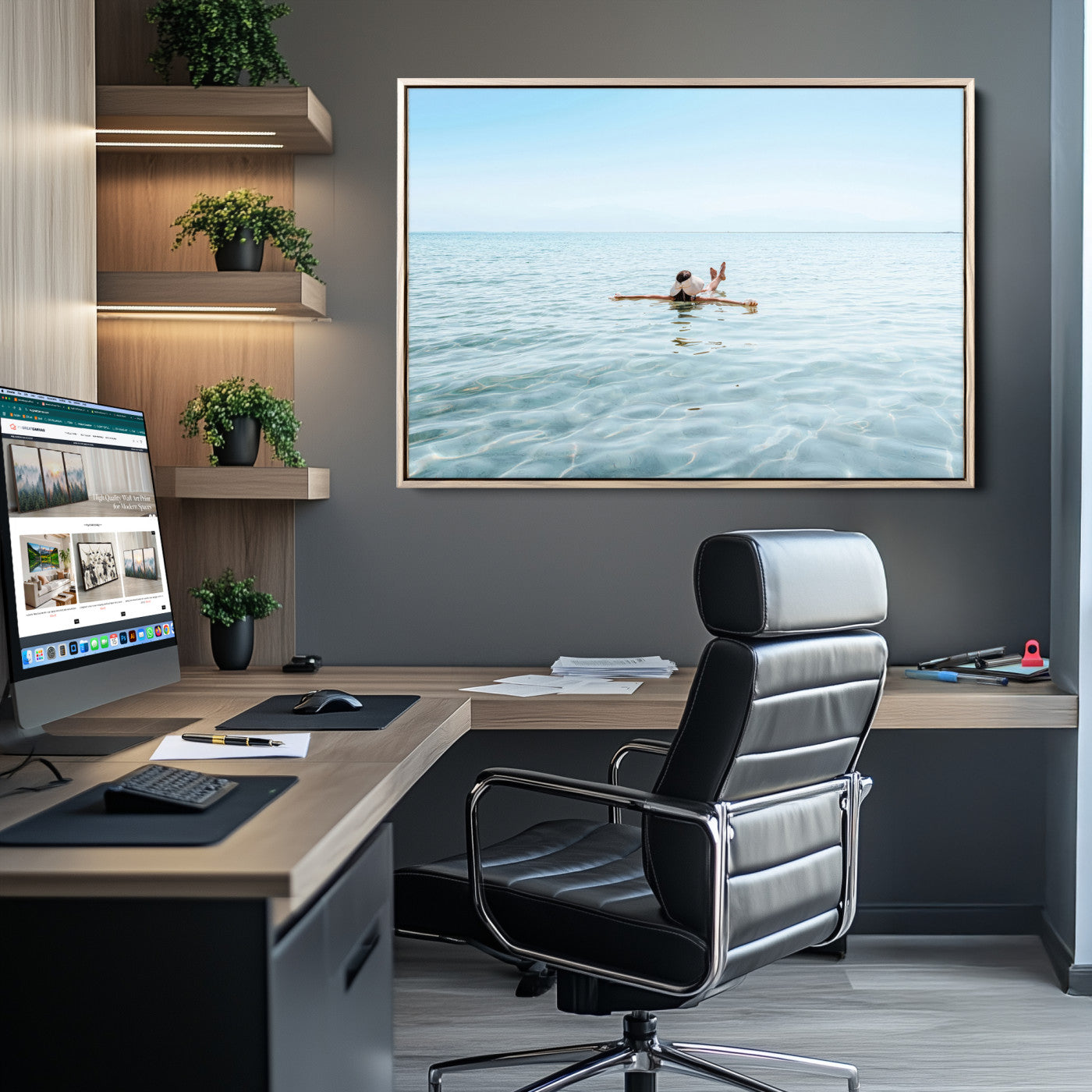 A peaceful minimalist scene of a person floating on crystal-clear water, surrounded by a vast open horizon, capturing relaxation and serenity in a tranquil aquatic setting.
