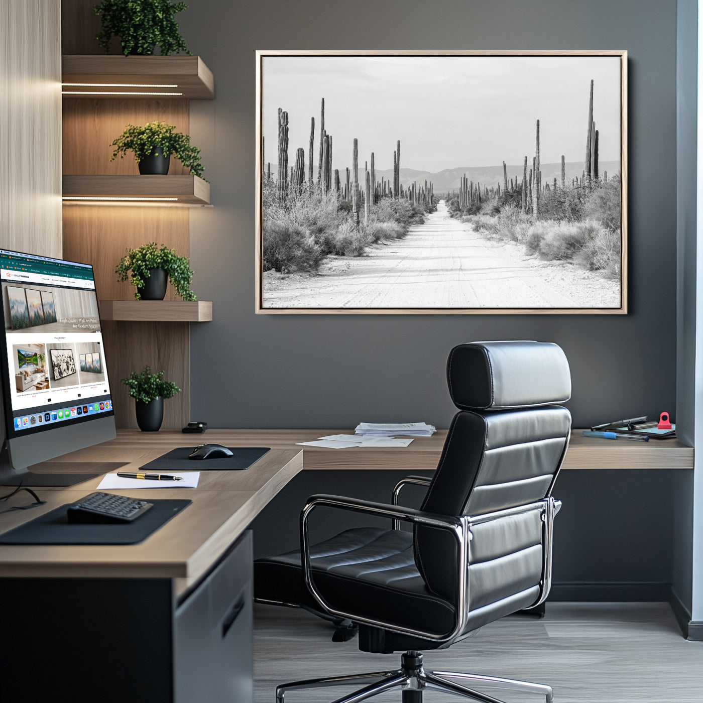 A black and white desert road stretching through a cactus-filled landscape, creating a rugged and timeless southwestern aesthetic with a sense of adventure.