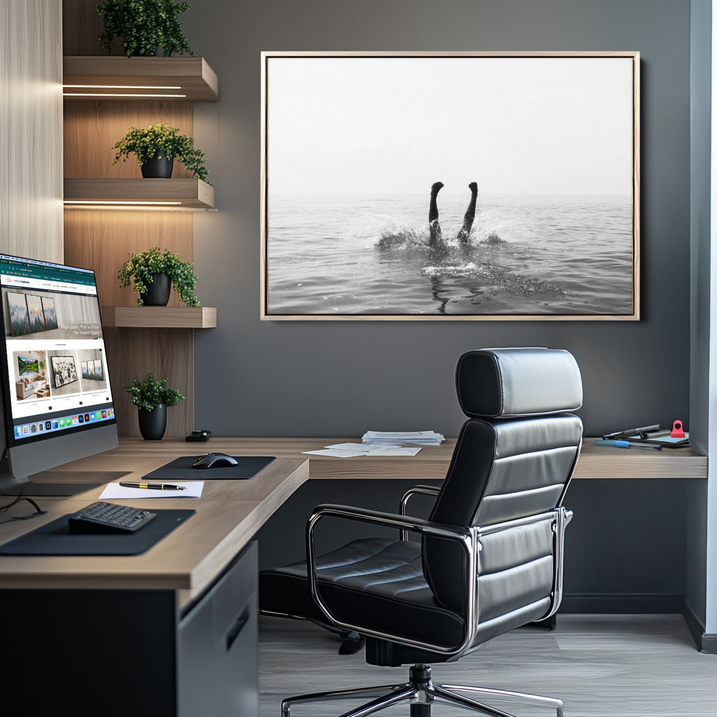 A black and white minimalist water scene capturing a playful splash as a swimmer dives upside down, creating a carefree and artistic aquatic aesthetic.