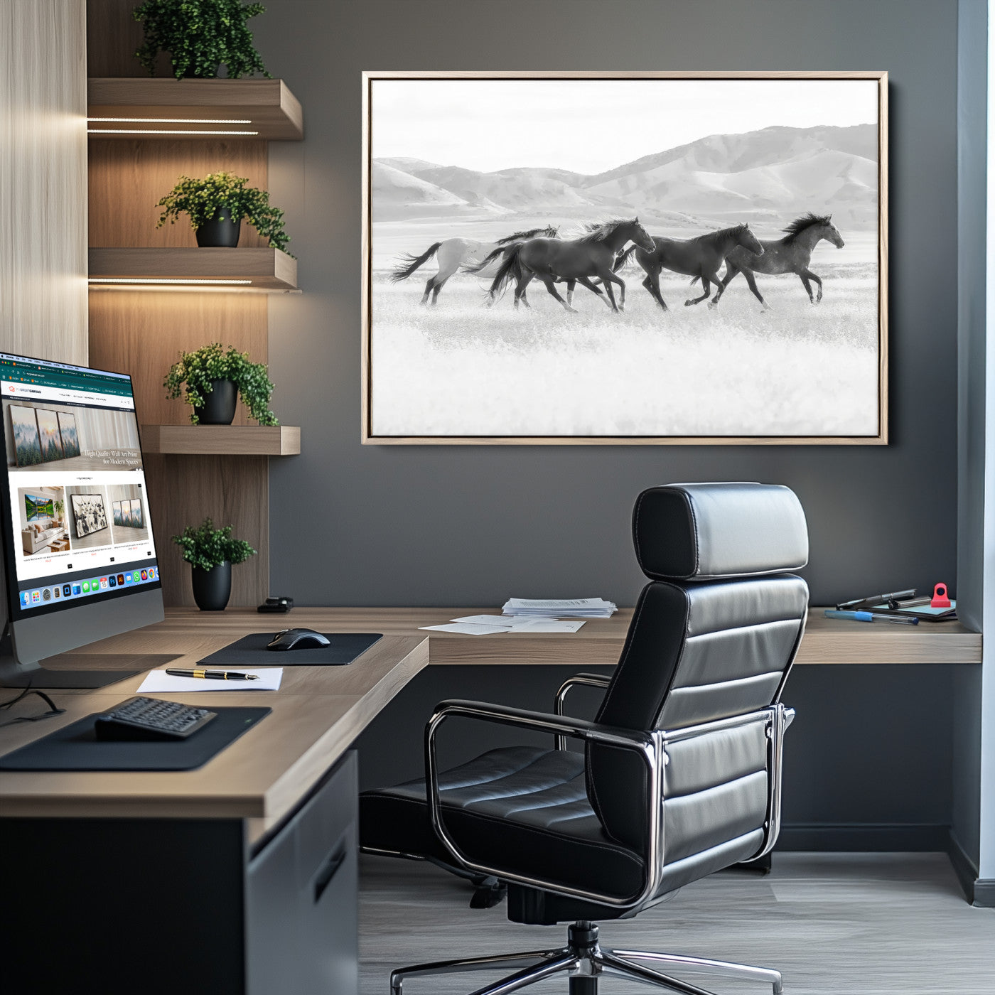 A black and white image of wild horses running freely across an open grassland, capturing the power and beauty of untamed nature in a rustic western setting.