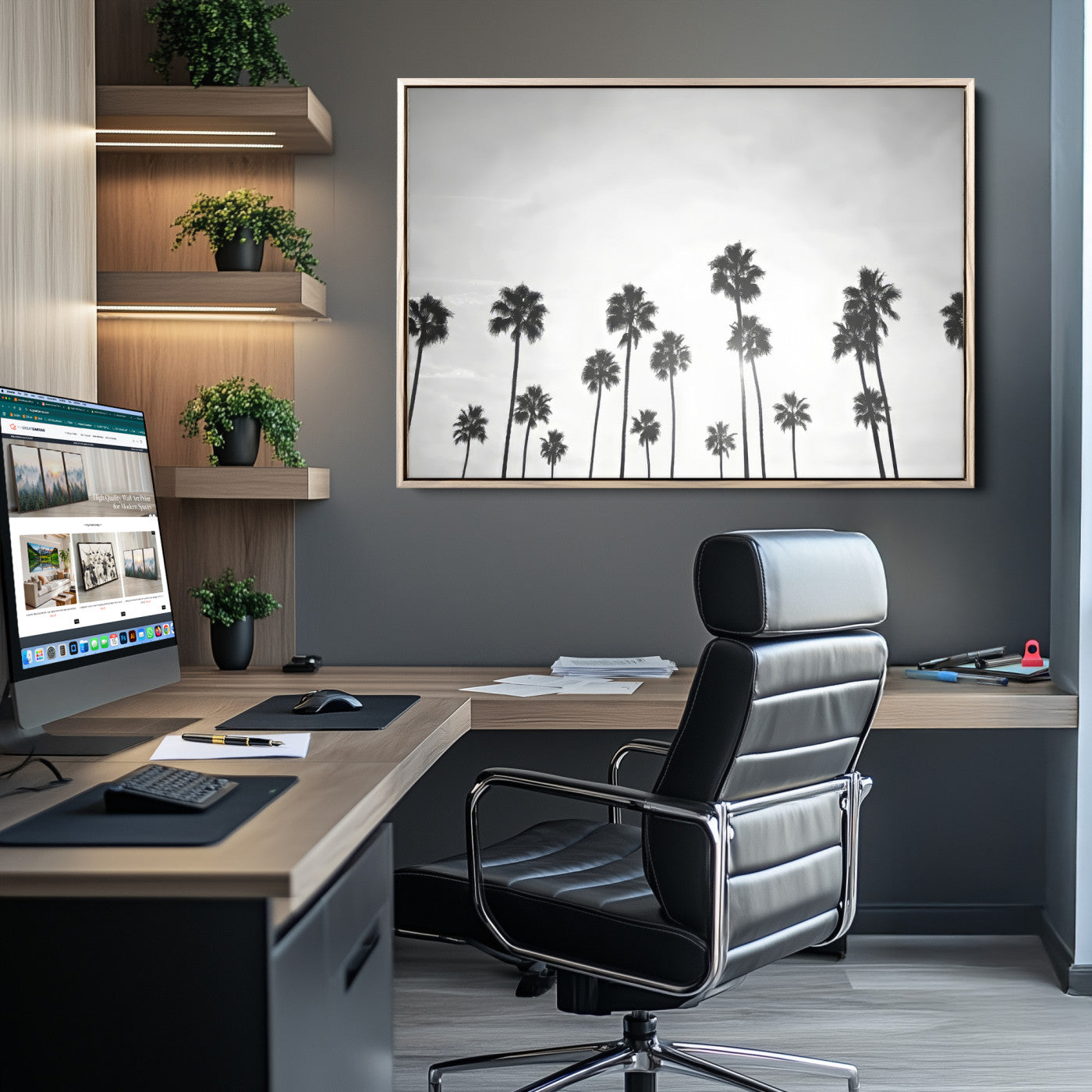 A black and white minimalist scene featuring tall palm trees silhouetted against a bright sky, creating a dreamy and timeless tropical aesthetic.