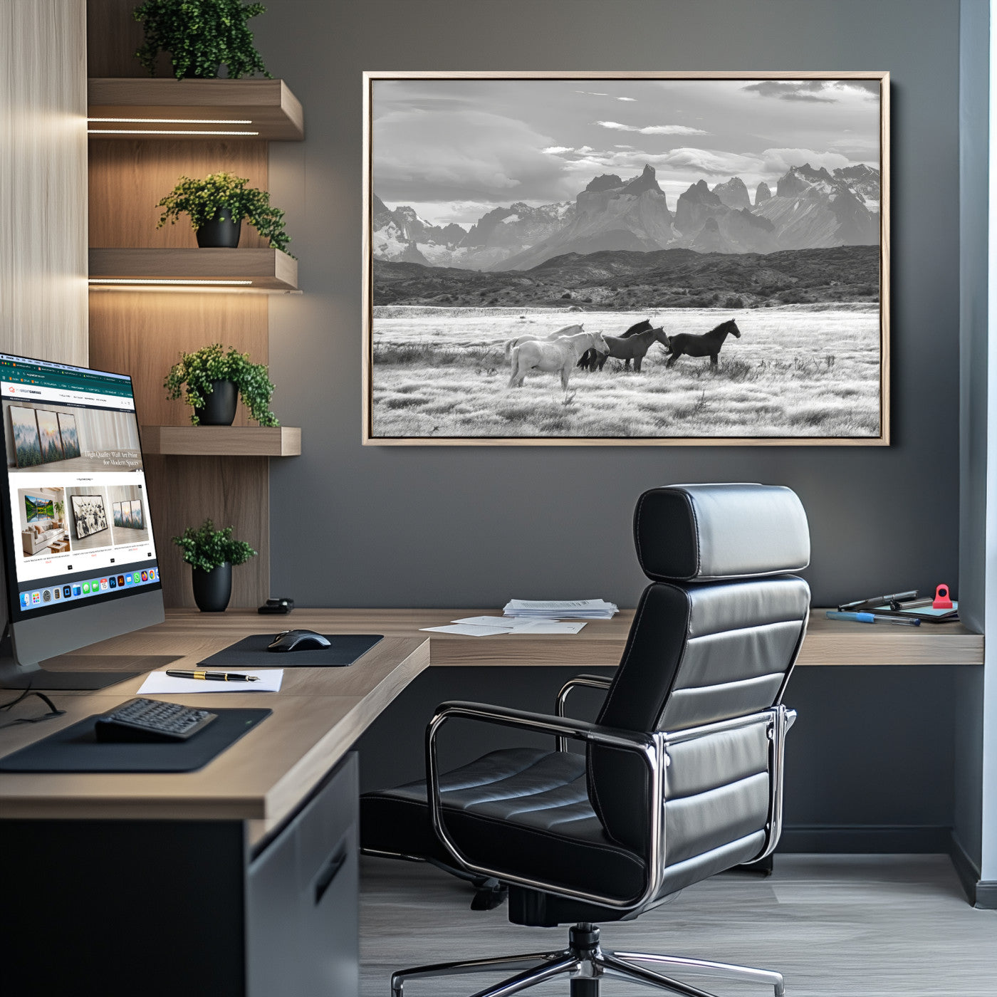 A black and white landscape of wild horses grazing in a vast grassland with towering mountains in the background, creating a moody and rustic western aesthetic.