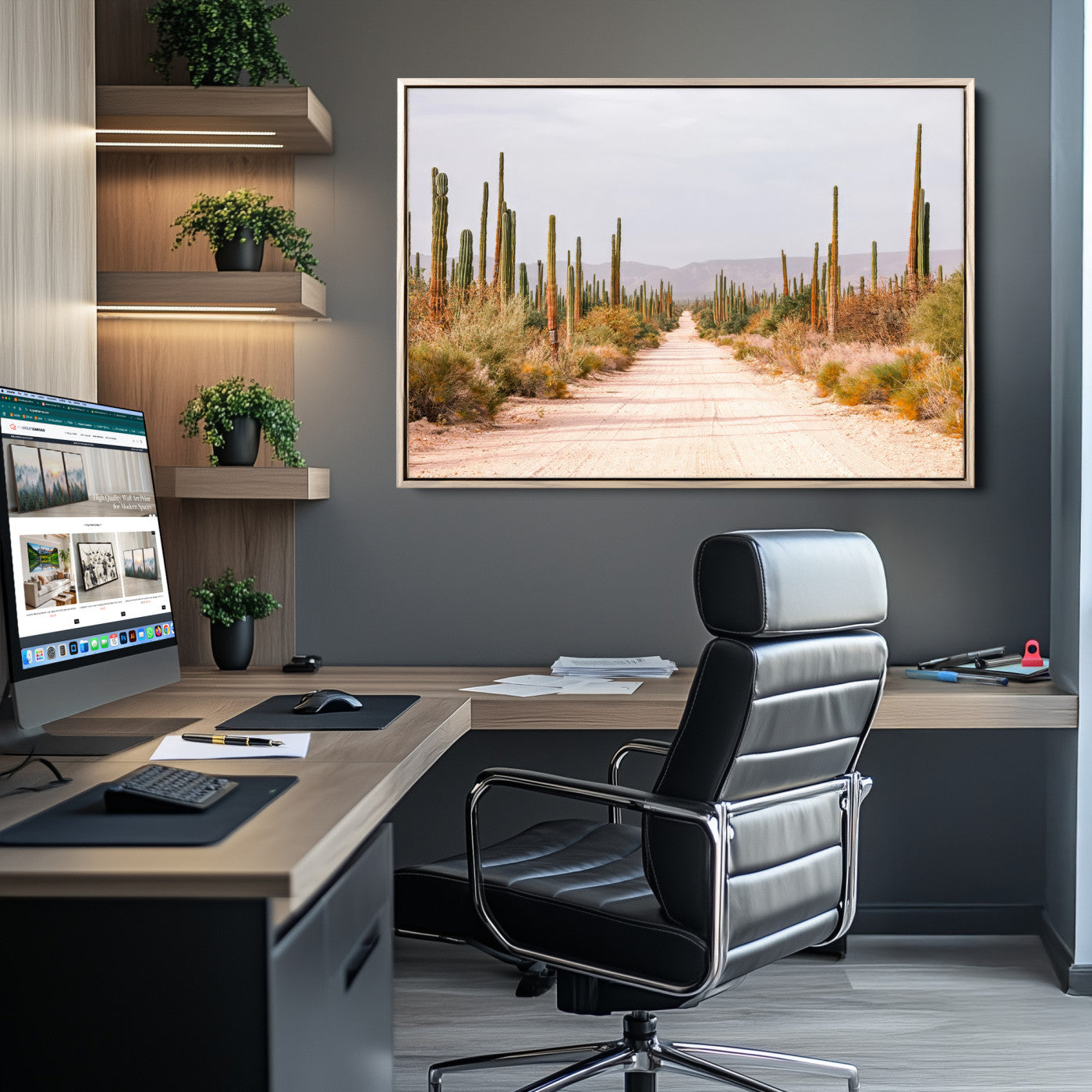 A desert road lined with saguaro cacti under a golden sky, creating a warm southwestern feel, perfect for boho or rustic decor.