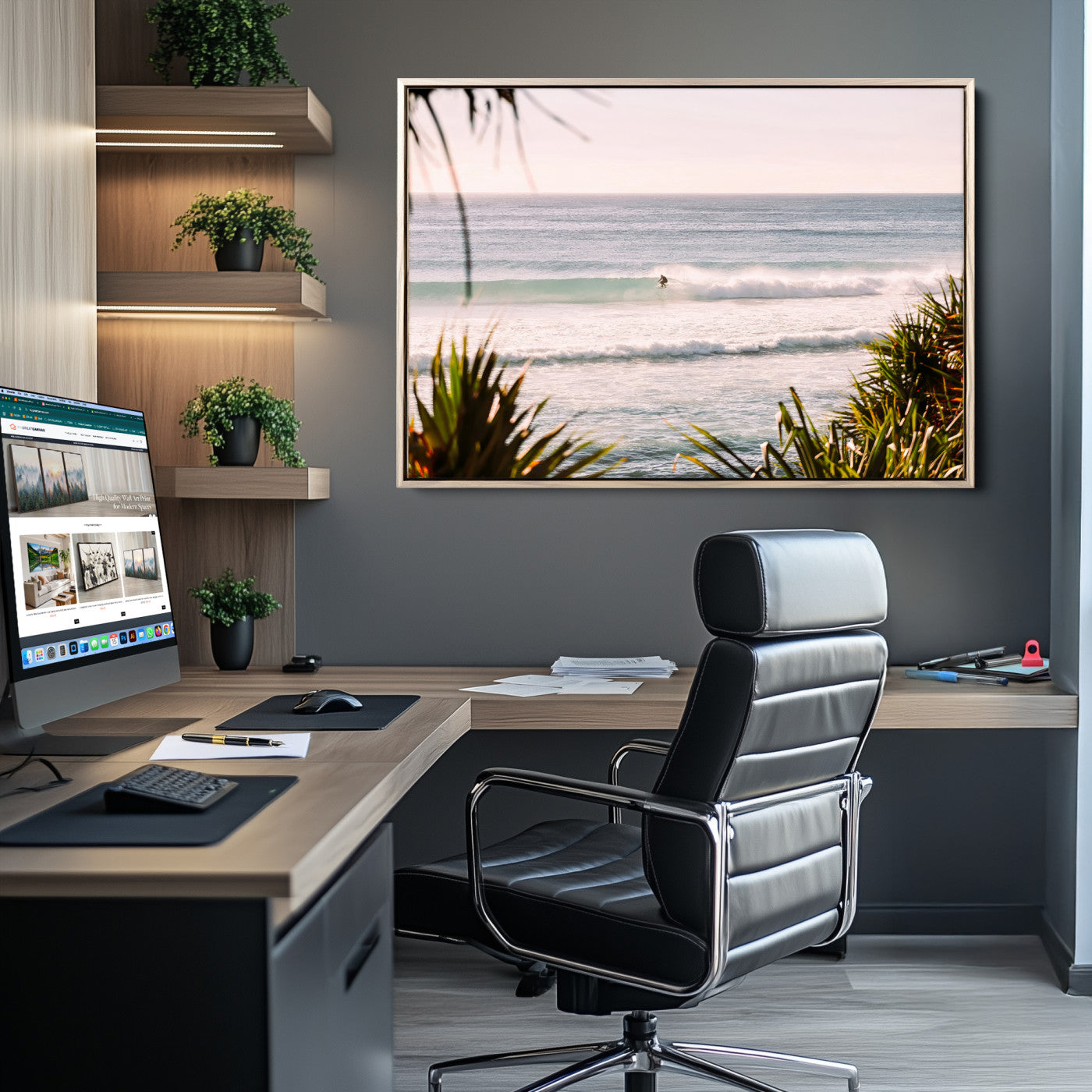 Canvas of a lone surfer riding a pastel wave at sunrise, perfect for tropical or coastal-themed spaces with a relaxed, airy vibe.