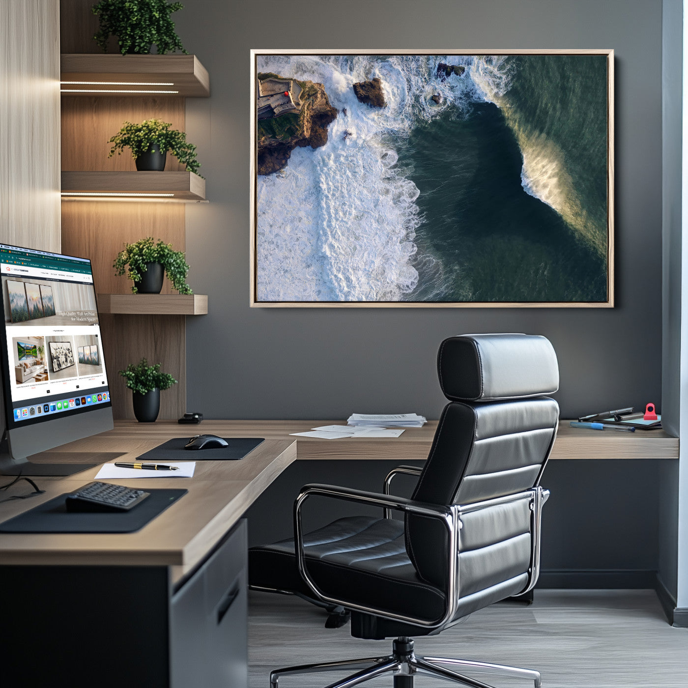 Canvas showing an aerial view of crashing waves along the Nazaré coastline, perfect for dramatic coastal or ocean-themed home decor.