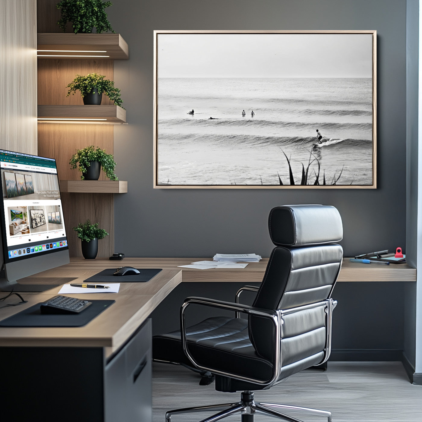 Monochrome canvas of surfers on calm ocean waves, ideal for minimalist coastal or beach-inspired interior decor.