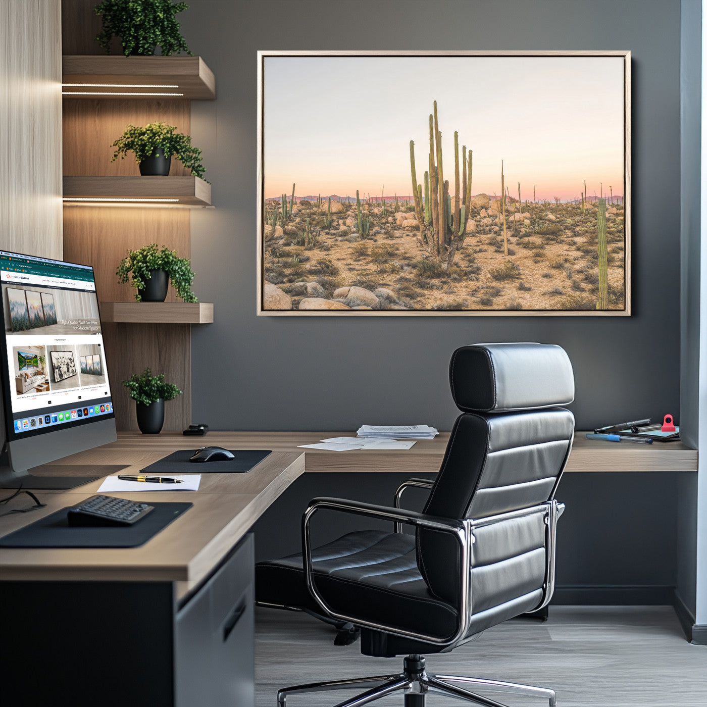 Canvas of tall desert cacti in warm sunset tones over a rocky Baja landscape, ideal for earthy or Southwestern-style home decor.