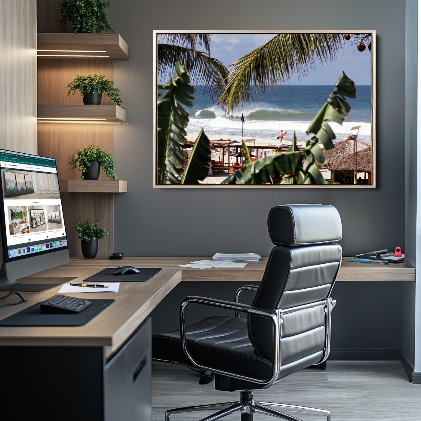 Canvas wall art of a tropical surf scene framed by palm trees, with a surfer on the shore and waves rolling in, ideal for beach-themed decor.