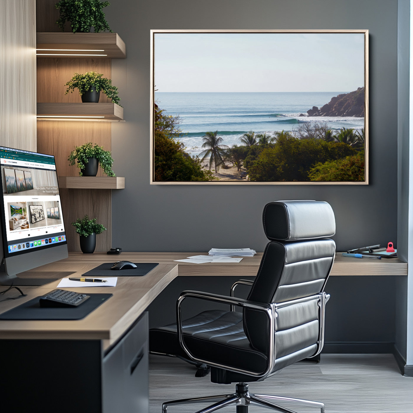 View of calm ocean waves with palm trees and a tropical coastline, ideal for coastal boho or beach-themed wall decor.