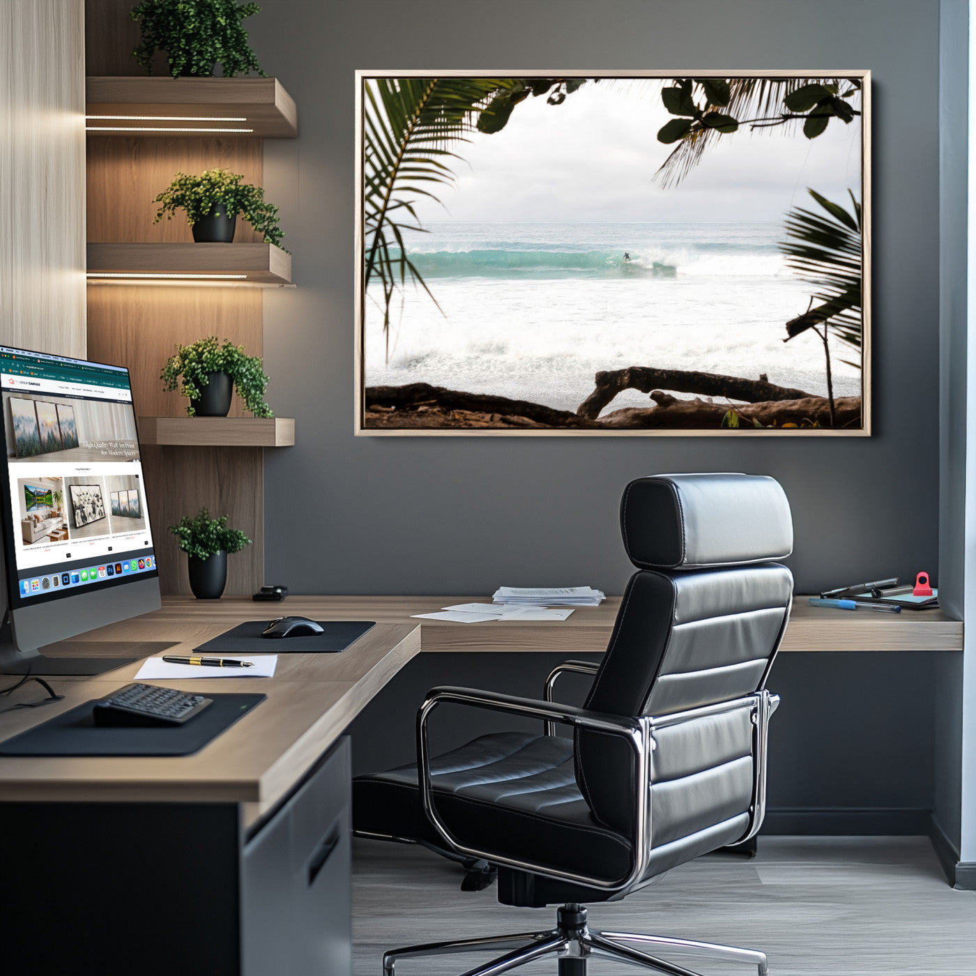 Tropical beach view with palm trees and surfer riding a wave, perfect for boho or coastal-inspired interior wall decor.
