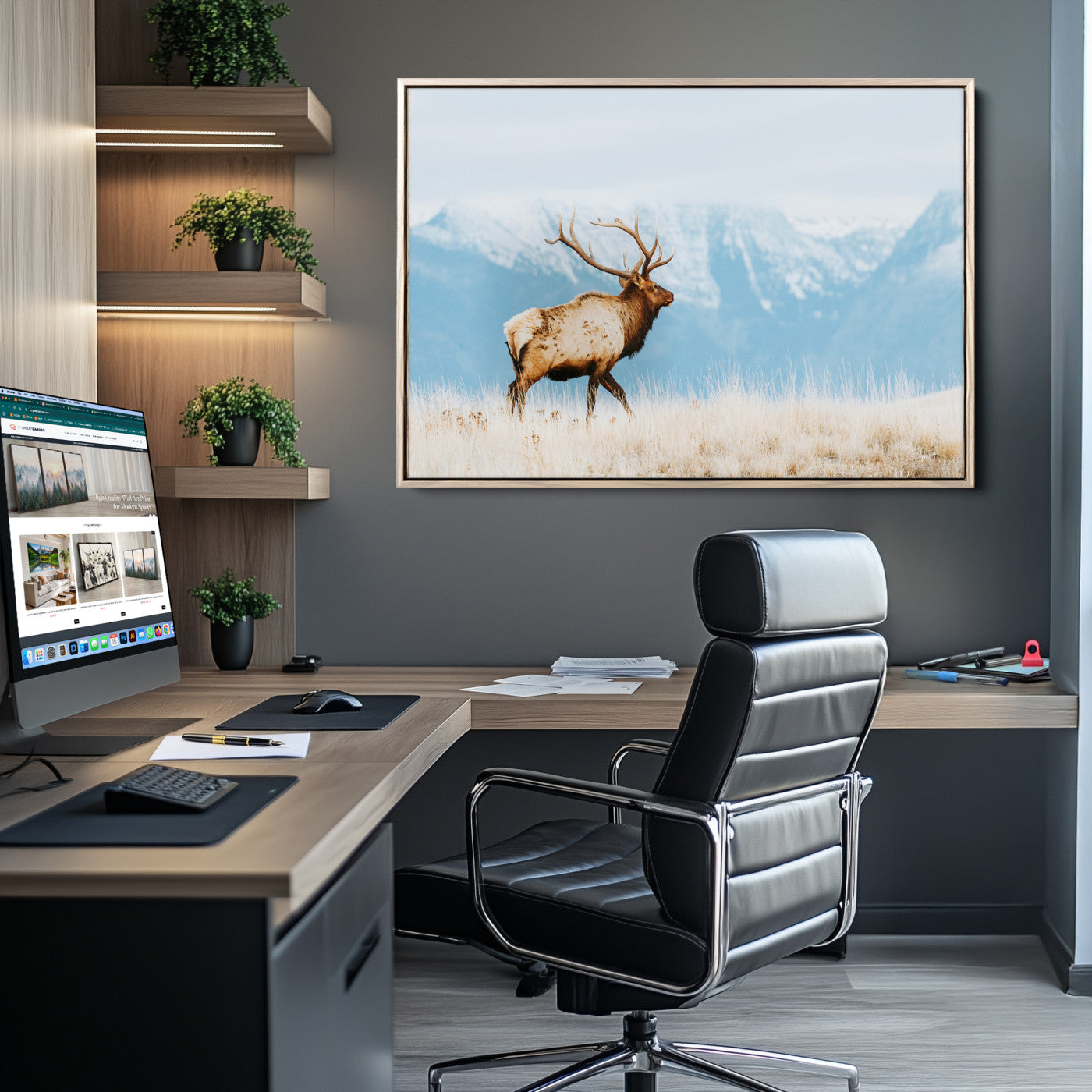 Majestic elk with antlers walking on golden grass, snowy mountains behind, perfect for rustic lodge or Scandinavian decor.