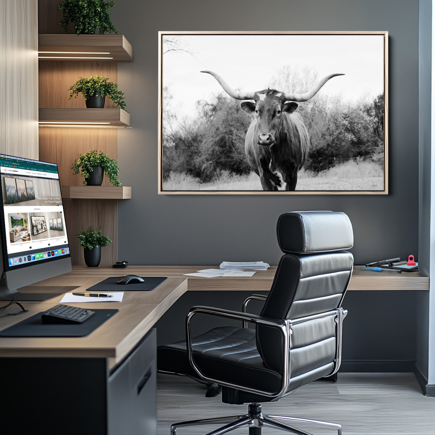 Black and white photo of a Longhorn cow facing camera, ideal for rustic, farmhouse, or western-themed home wall decor.