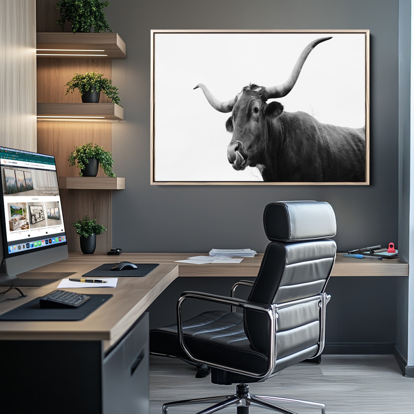Black and white photo of a Texas Longhorn cow with curved horns, ideal for rustic, western or minimalist style home decor.