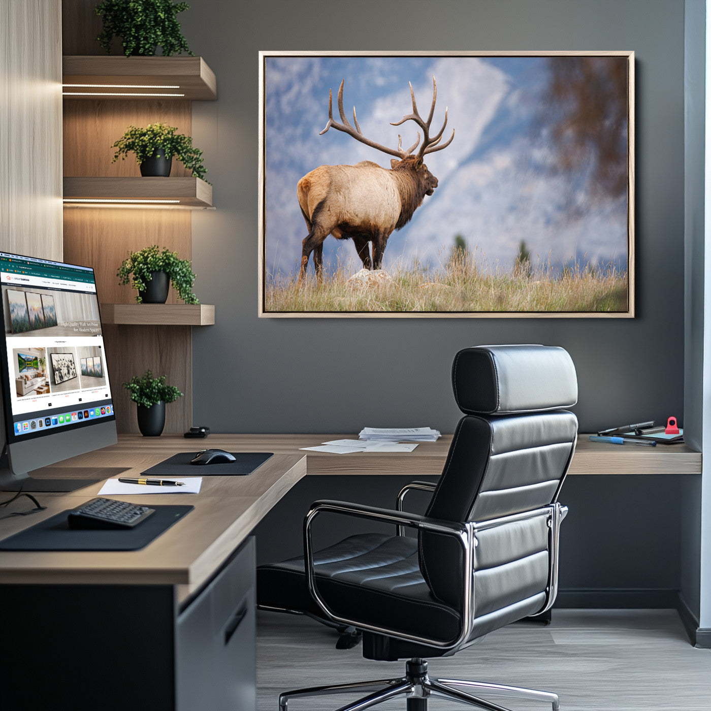 Elk with antlers standing on grass with mountain background, ideal for rustic, cabin, or lodge-inspired wall decor.