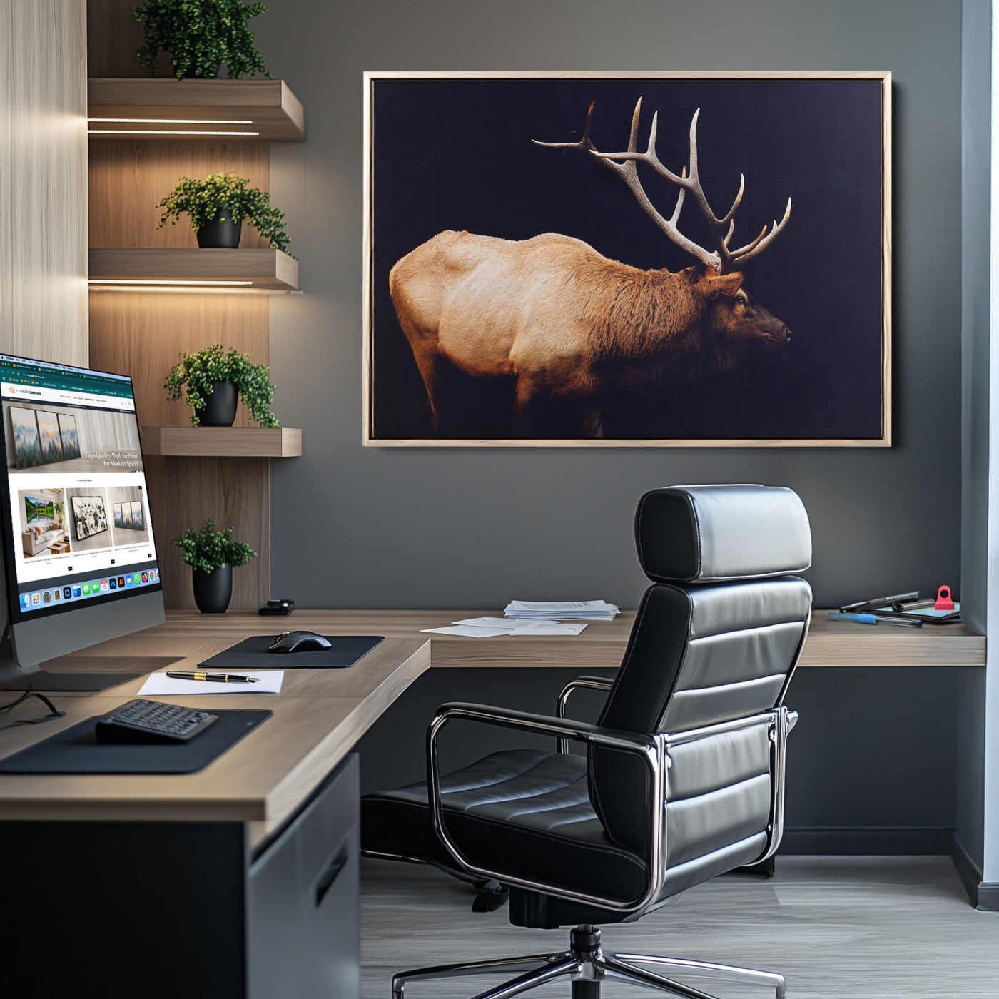 Side profile of an elk with large antlers on dark background, creating a bold rustic statement for cabin or Western-themed decor.