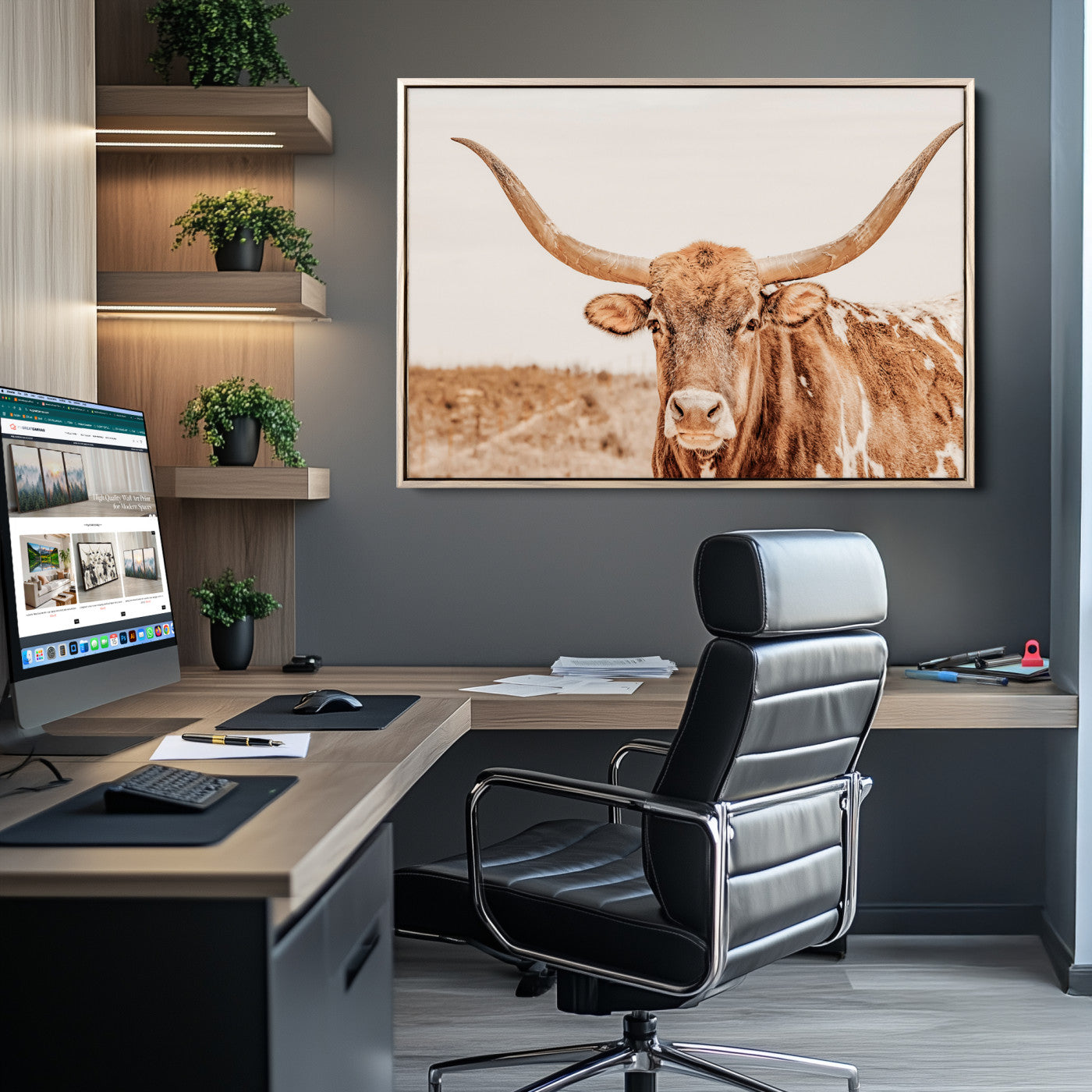 Sepia-toned Texas Longhorn facing forward in a dry field, perfect for rustic farmhouse or western-themed neutral home decor.