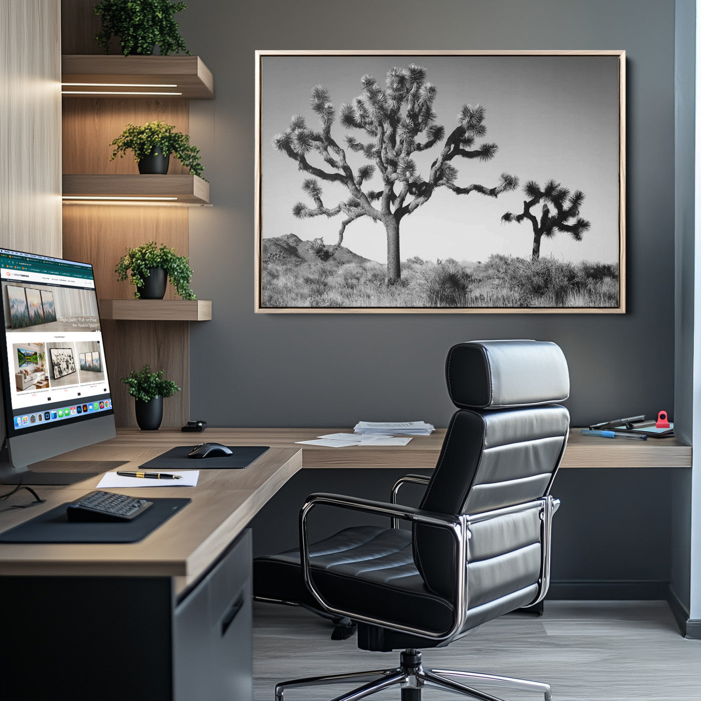 Black and white desert scene with two Joshua trees under clear sky, perfect for rustic or boho-inspired home decor.
