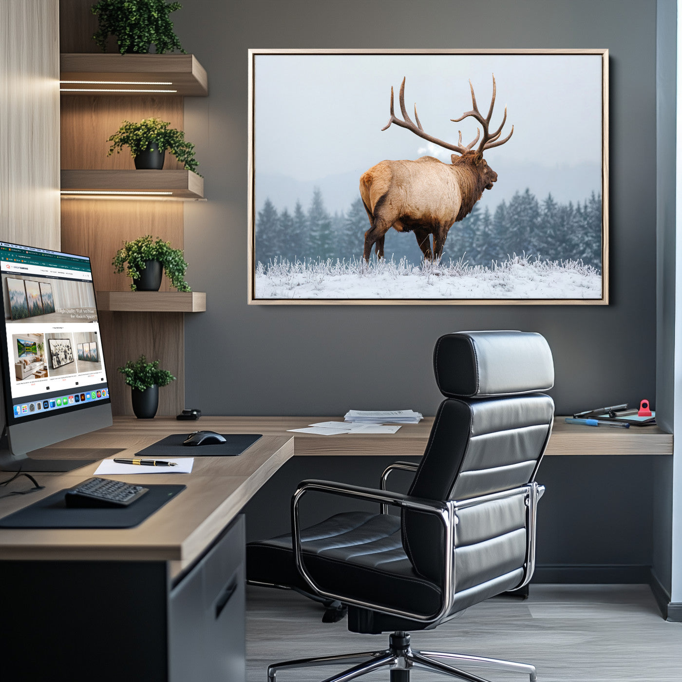 Large elk standing in a snowy field with pine trees in the background, ideal for rustic cabin or lodge-style wall decor.