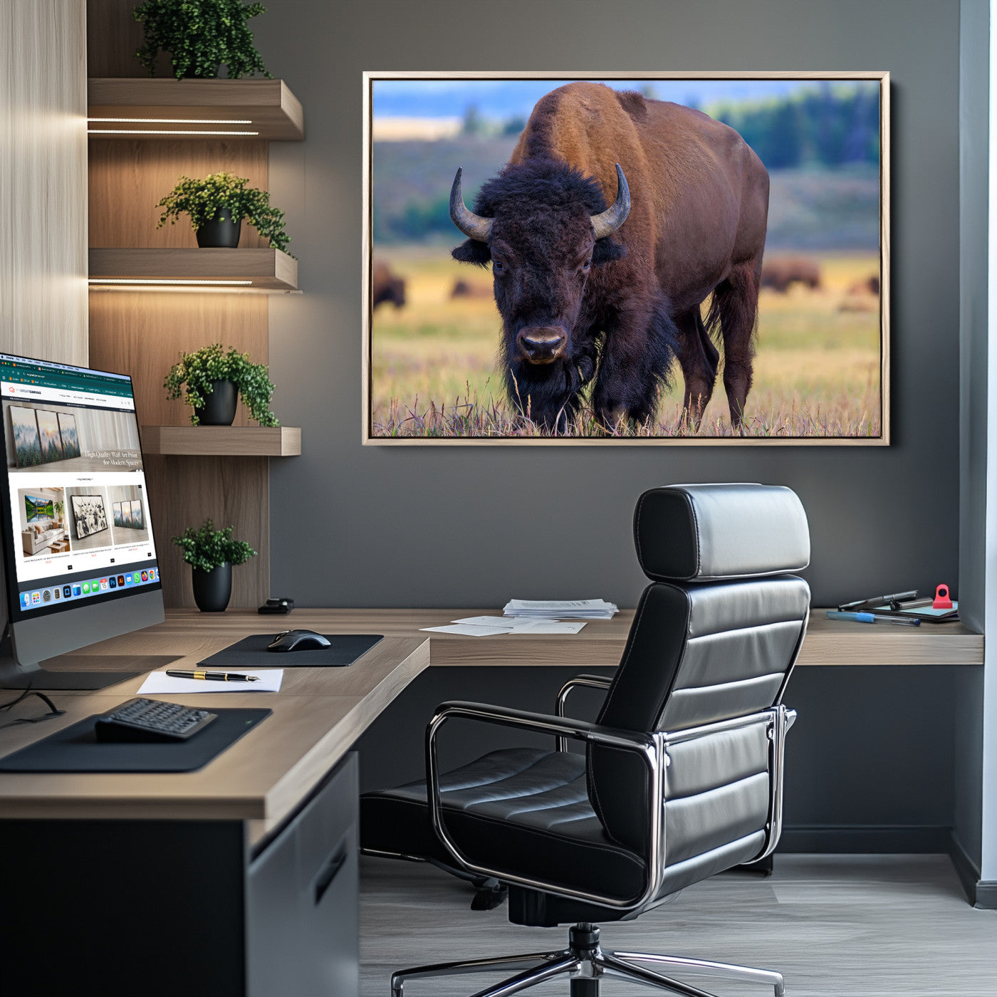 Close-up of a strong American bison standing in a grassy prairie with a blurred herd in background, perfect for rustic lodge decor.
