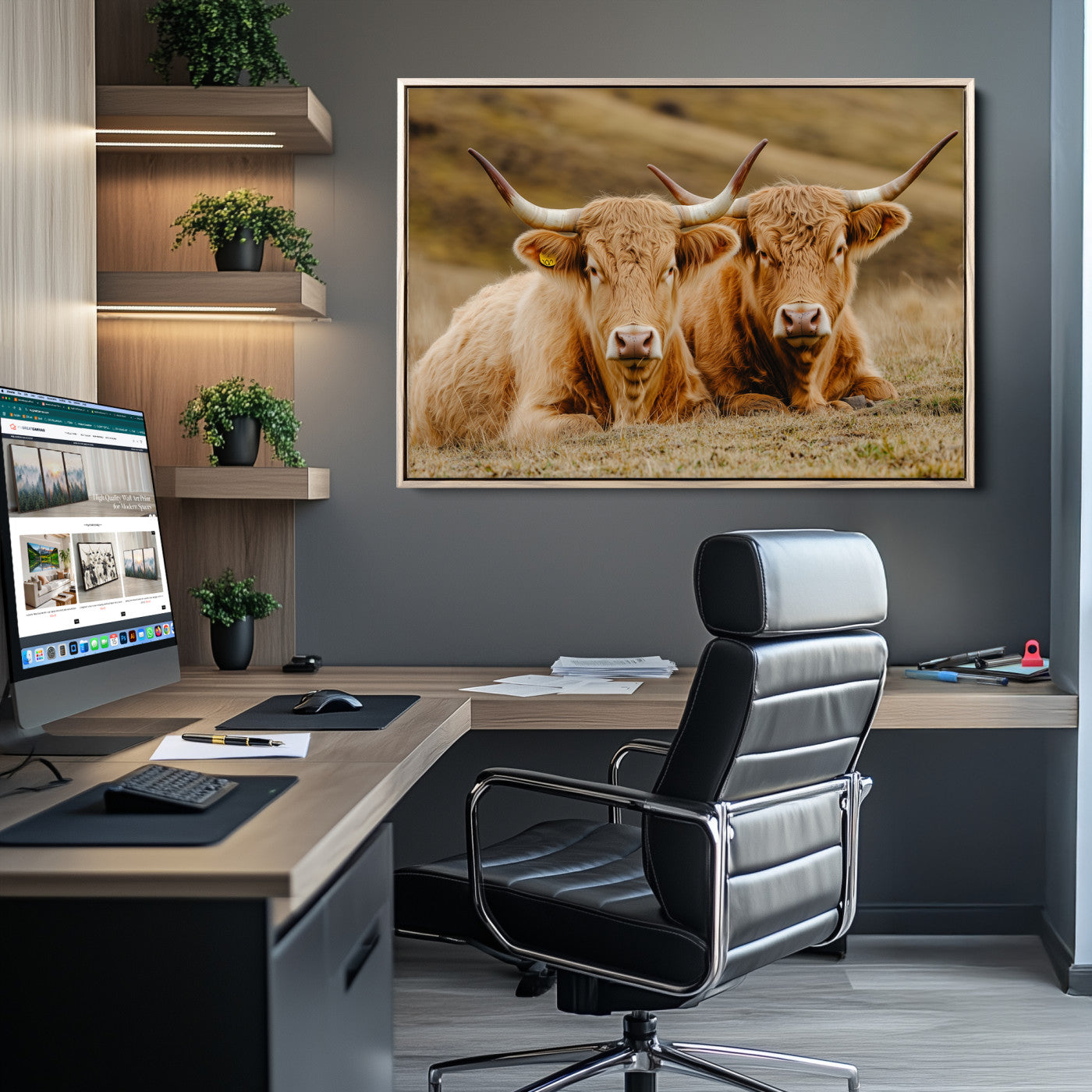 Two Highland cows resting on a golden field with soft focus hills, ideal for rustic farmhouse or cozy cabin style decor.
