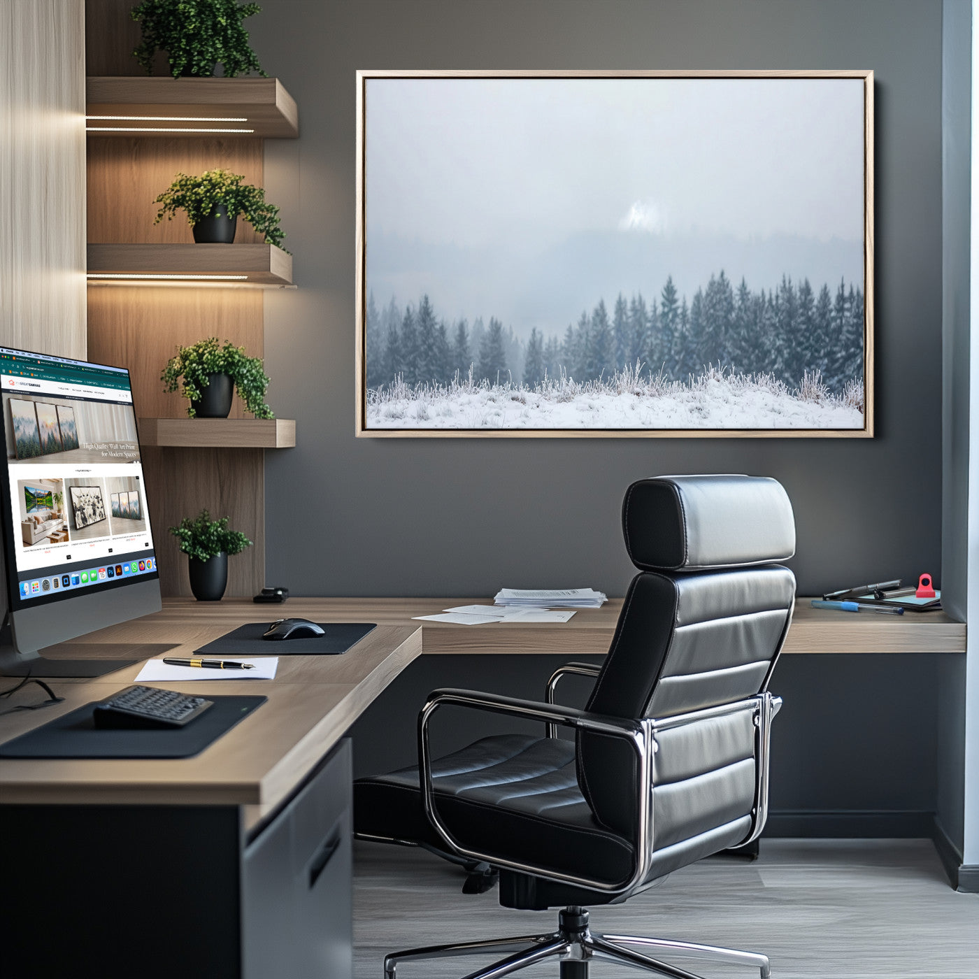Snow-covered forest under misty sky, soft light breaking through clouds, ideal for minimalist or Nordic-inspired home decor.