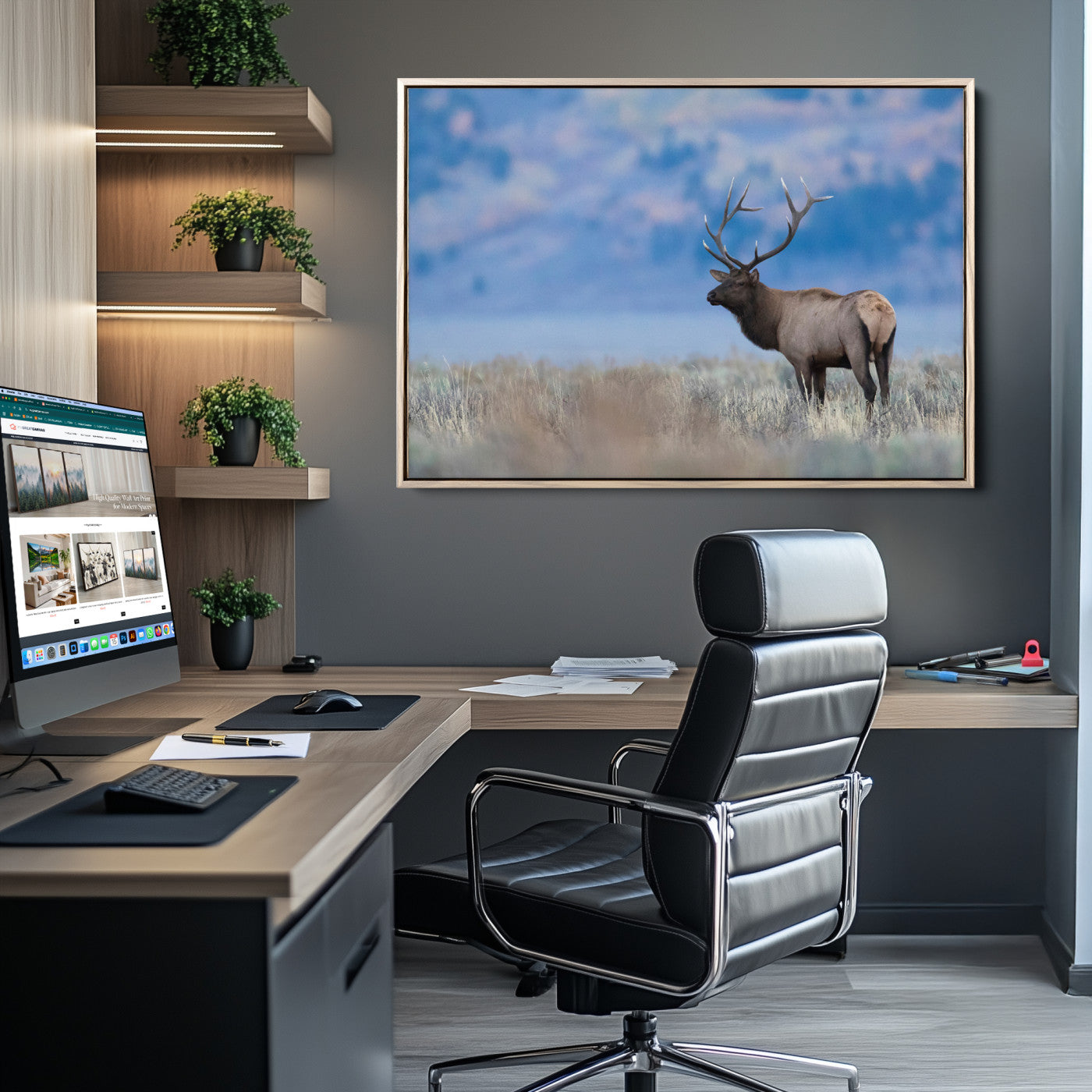 Elk with large antlers standing in open field, mountains blurred in background, perfect for rustic cabin or lodge-style decor.