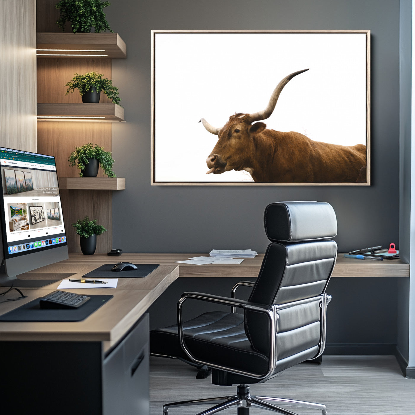 Minimal photo of a longhorn cow with white background, ideal for rustic, western or farmhouse-style interior decor.