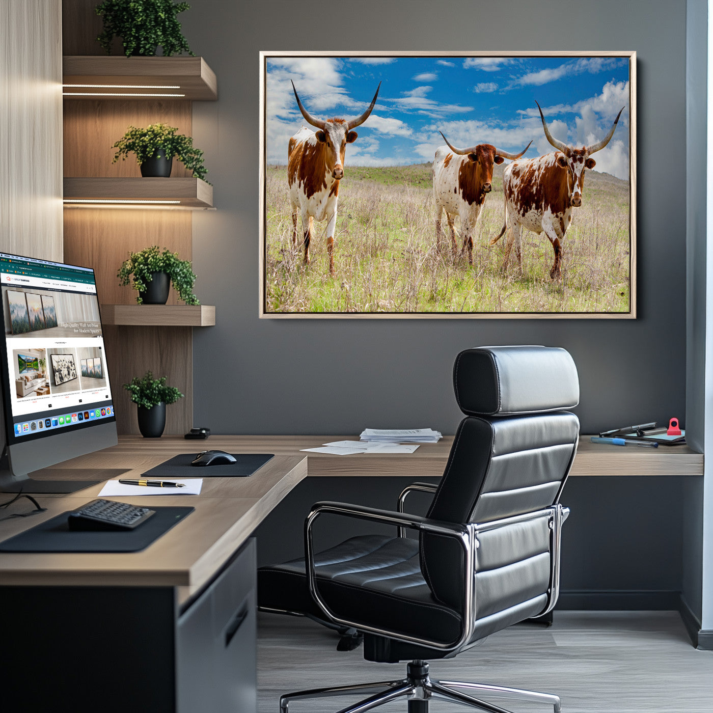 Three Texas longhorn cattle standing in dry grass under a bright blue sky, ideal for farmhouse or western rustic home decor.
