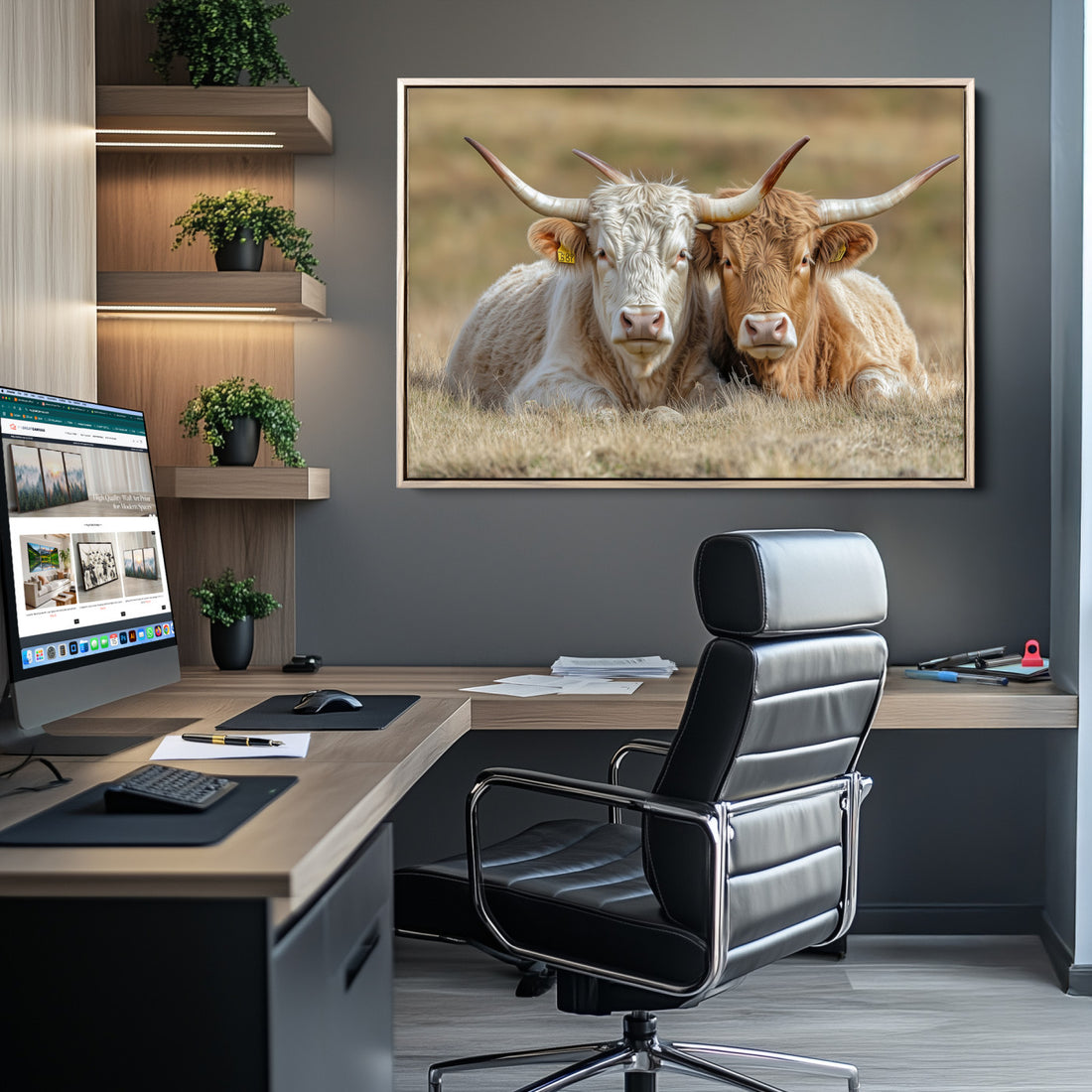 Cow Wall Art Canvas Print, Framed Rustic Animal Decor, Texas Cow Pair Farmhouse Artwork