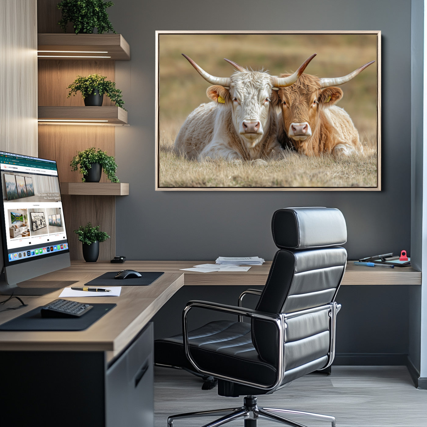 Two cows laying closely in a dry grassy field, captured in soft light, perfect for rustic farmhouse or western style home decor.