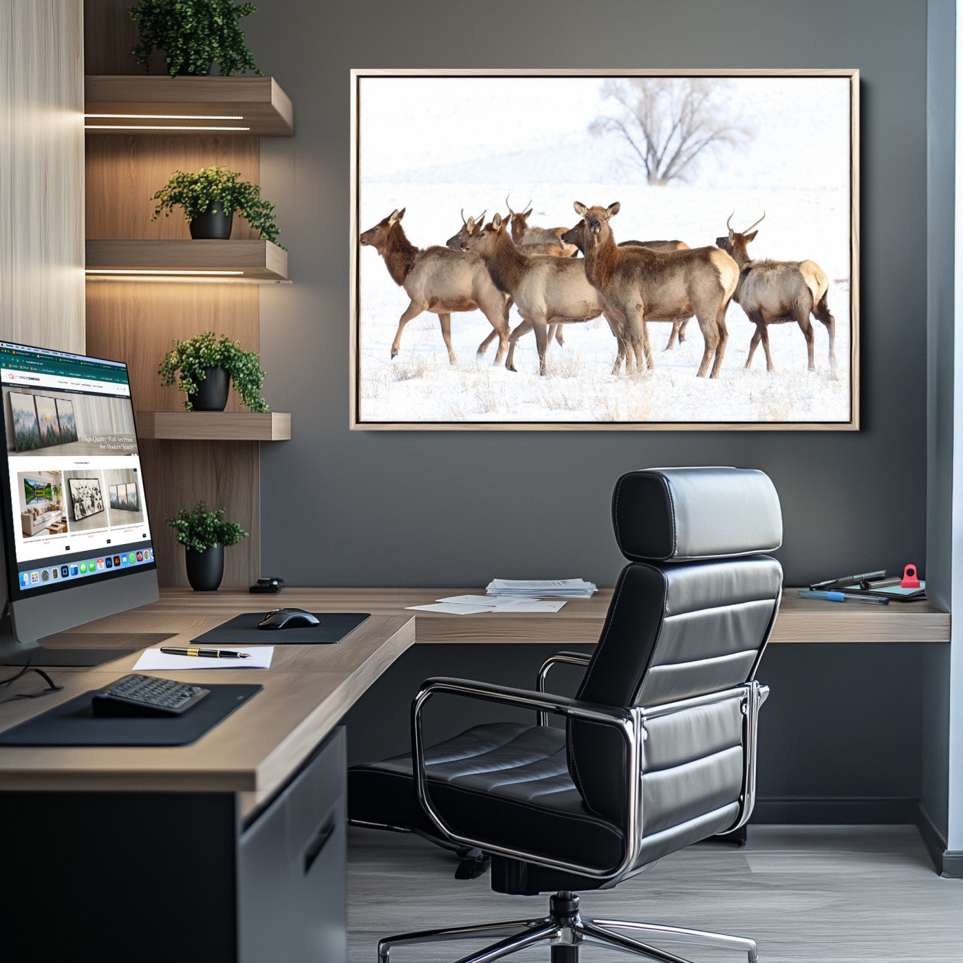 A group of elk standing on snowy terrain with a tree in the background, perfect for rustic or lodge-style winter wall decor.