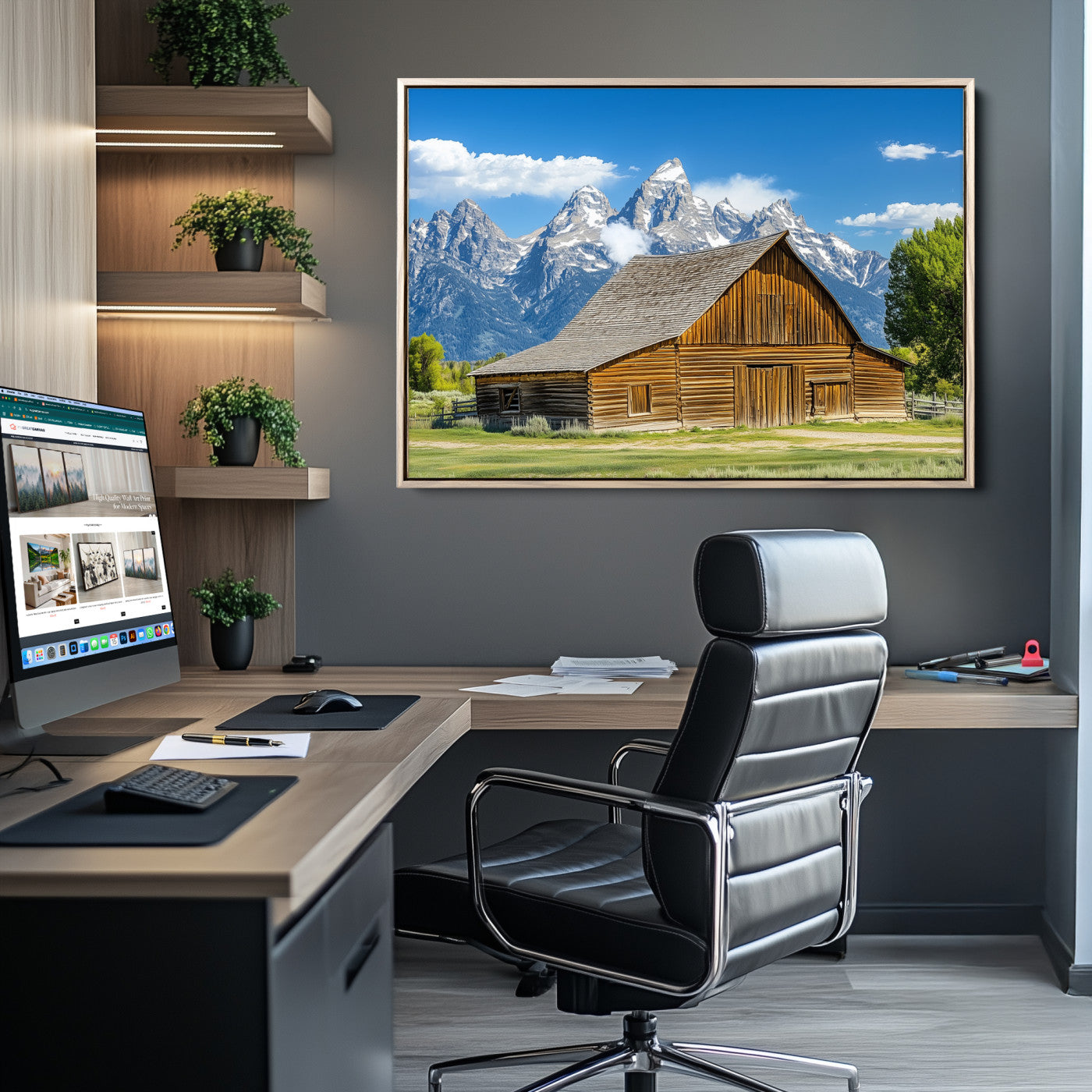 A rustic wooden barn sits in front of towering mountain peaks under a clear blue sky, perfect for farmhouse or cabin style interiors.
