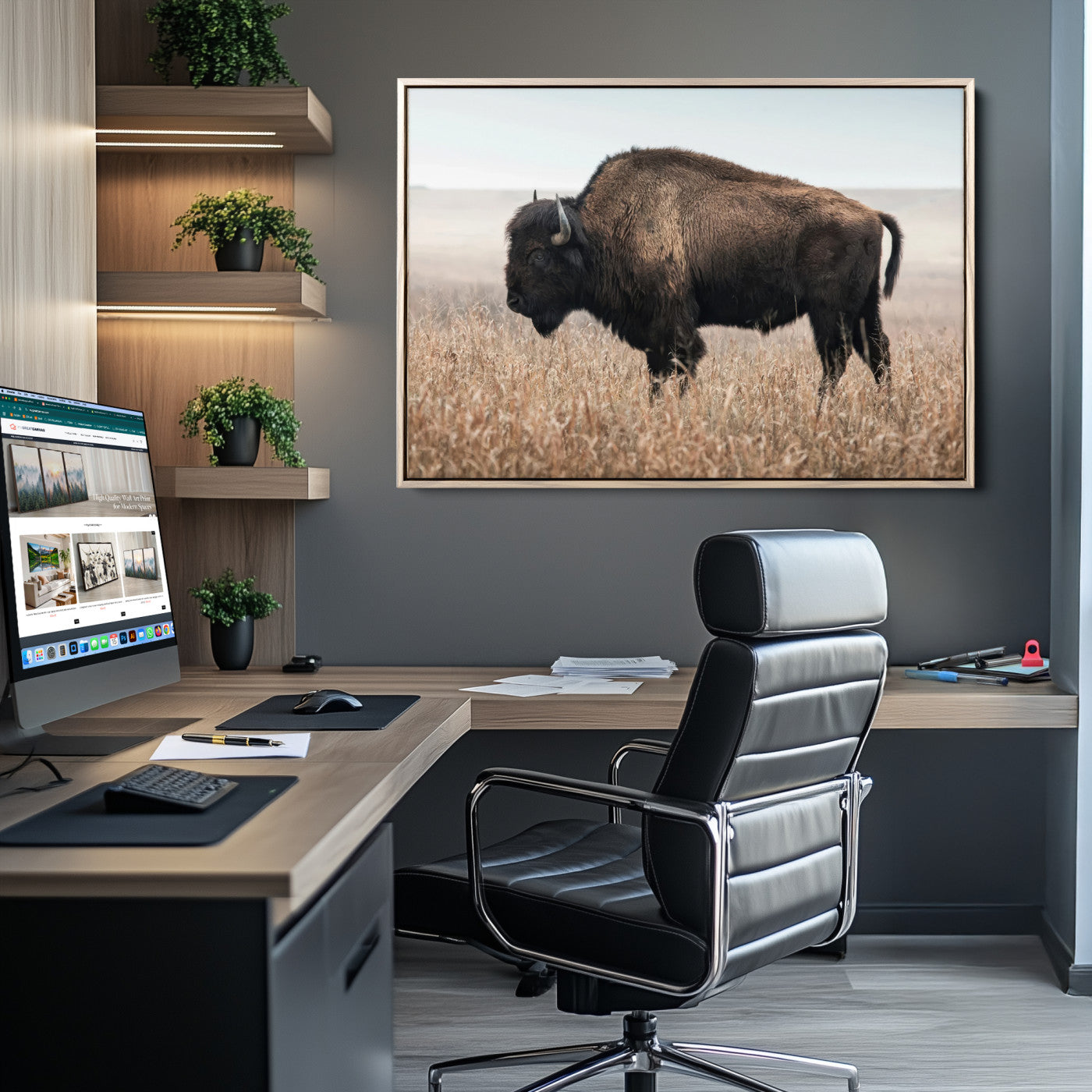 A lone bison stands in a vast prairie under a soft sky, evoking freedom and rustic charm for western or farmhouse inspired interiors.