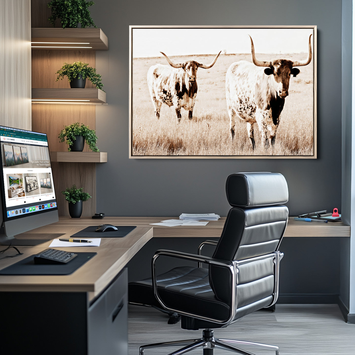 Two Texas longhorn cows standing in a sepia-toned pasture, evoking rustic charm perfect for farmhouse or western country interiors. (