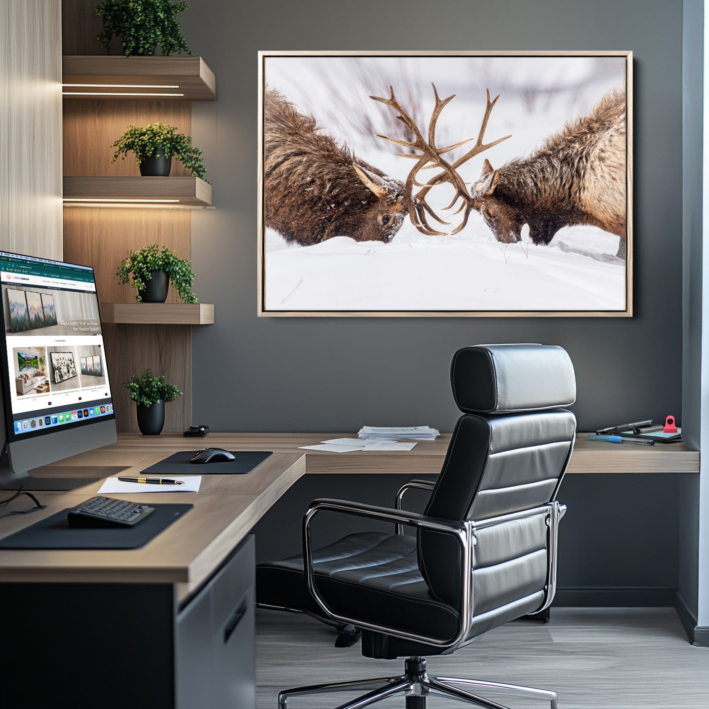 Two elk clashing antlers in a snowy forest, capturing raw power and wild energy, ideal for rustic cabin or lodge-style decor.