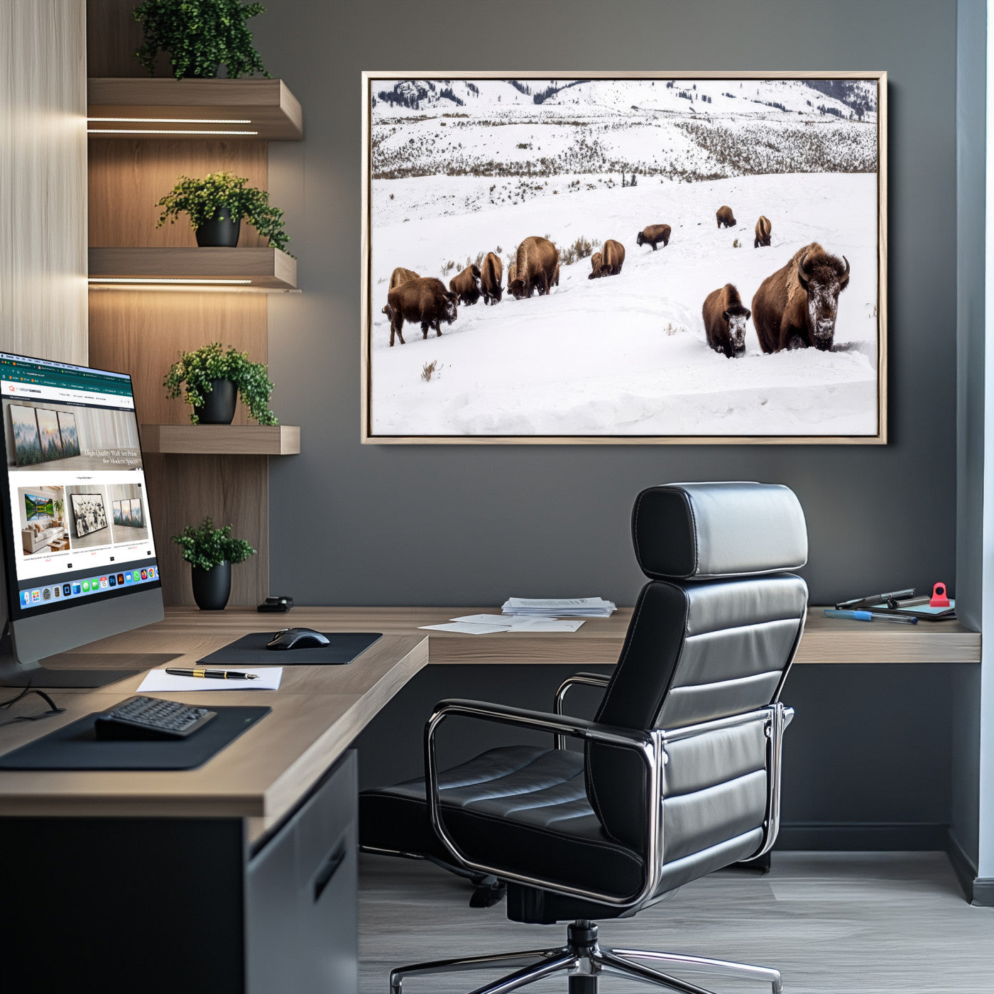 A herd of bison walking through deep snow in a mountain valley, perfect for rustic, cabin or western-themed wall decor.