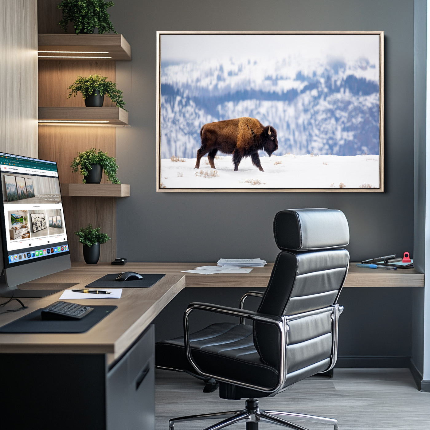 A lone bison walks across snowy ground with blue-toned mountain range behind, ideal for rustic or western farmhouse interiors.