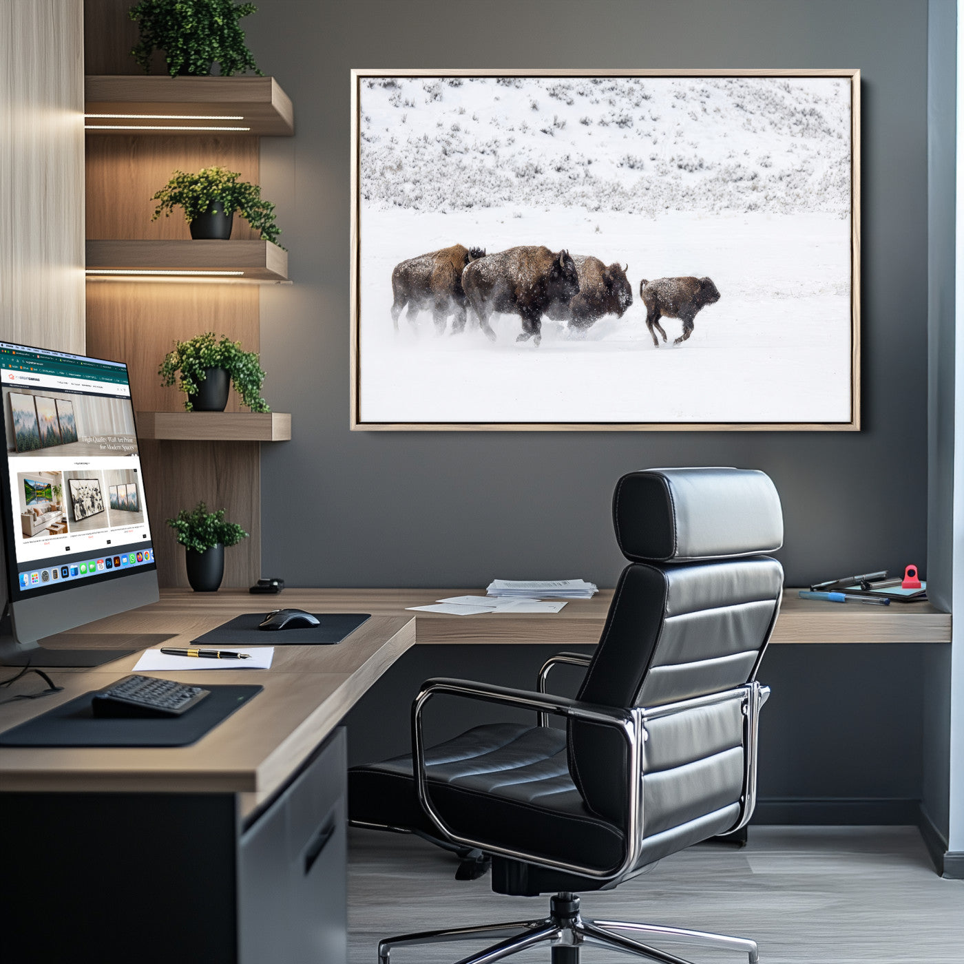 Bison herd running through a snowy open field with mountain backdrop, perfect for rustic or western-themed wall decoration.