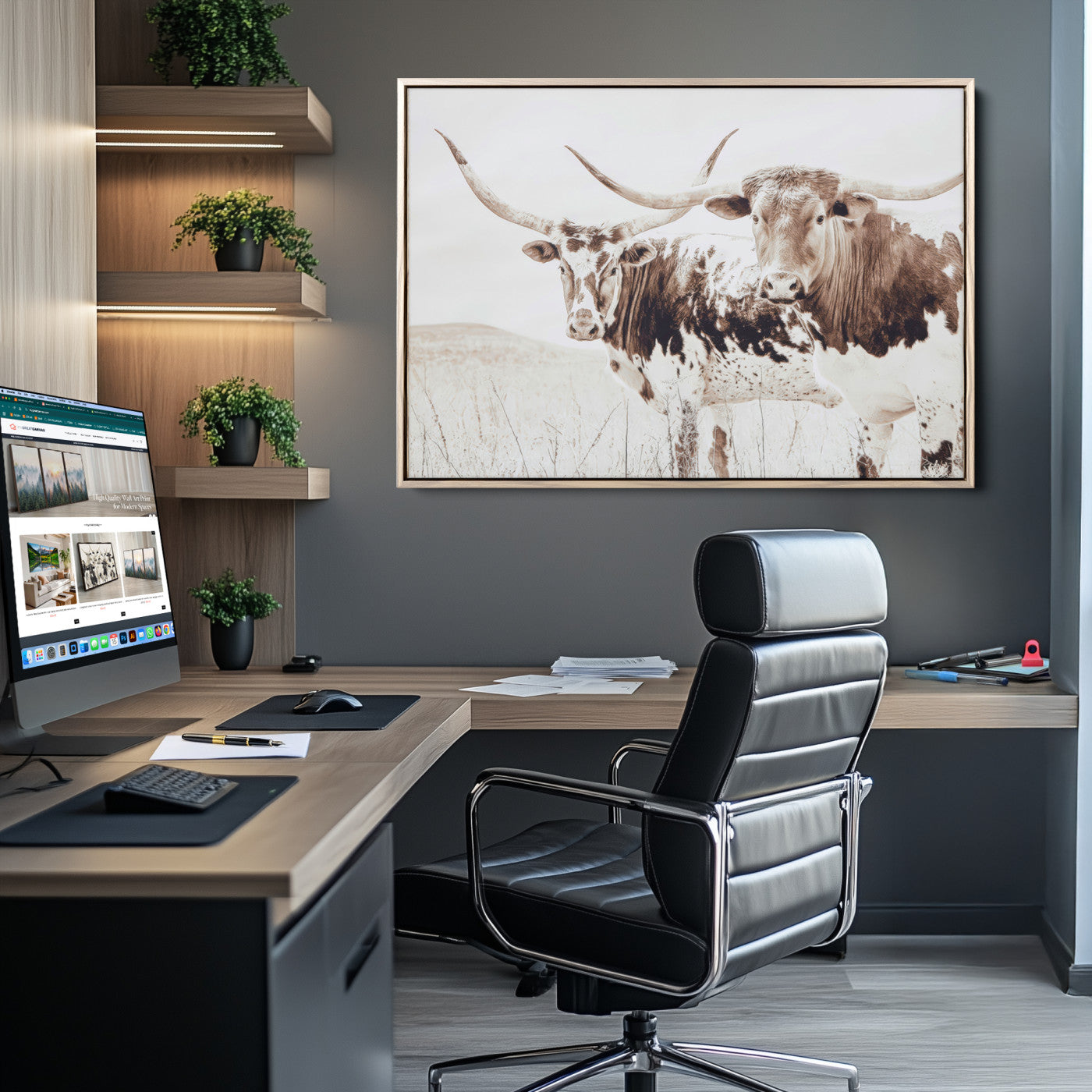 Two longhorn cows standing in a sepia-toned pasture with soft light, ideal for rustic or farmhouse-themed neutral wall decor.