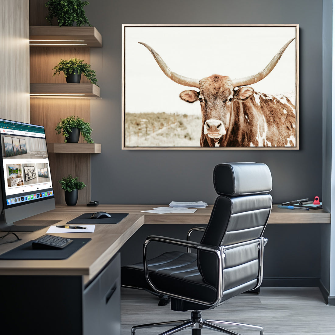 Texas Longhorn Bull Wall Art Canvas Print, Framed Rustic Farmhouse Decor, Western Animal Art