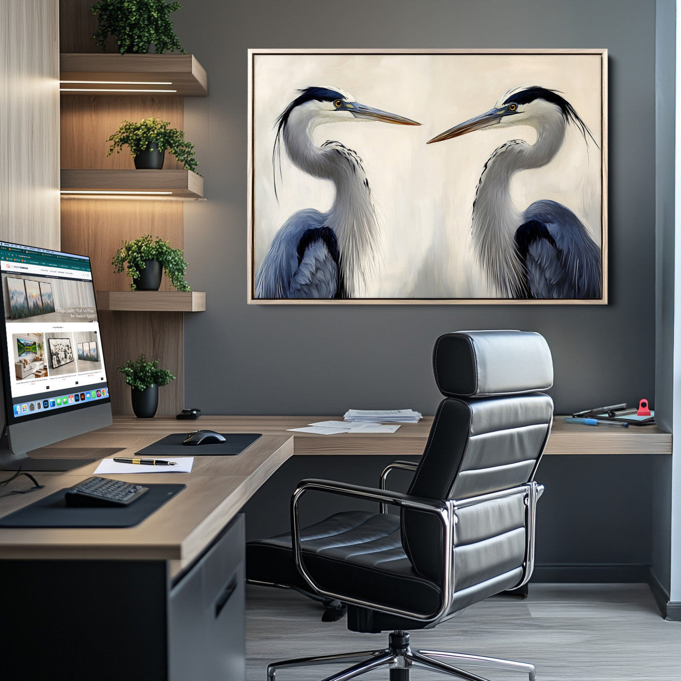 Two blue herons facing each other on a soft neutral background, ideal for coastal, tranquil, or nature-inspired minimalist interiors.