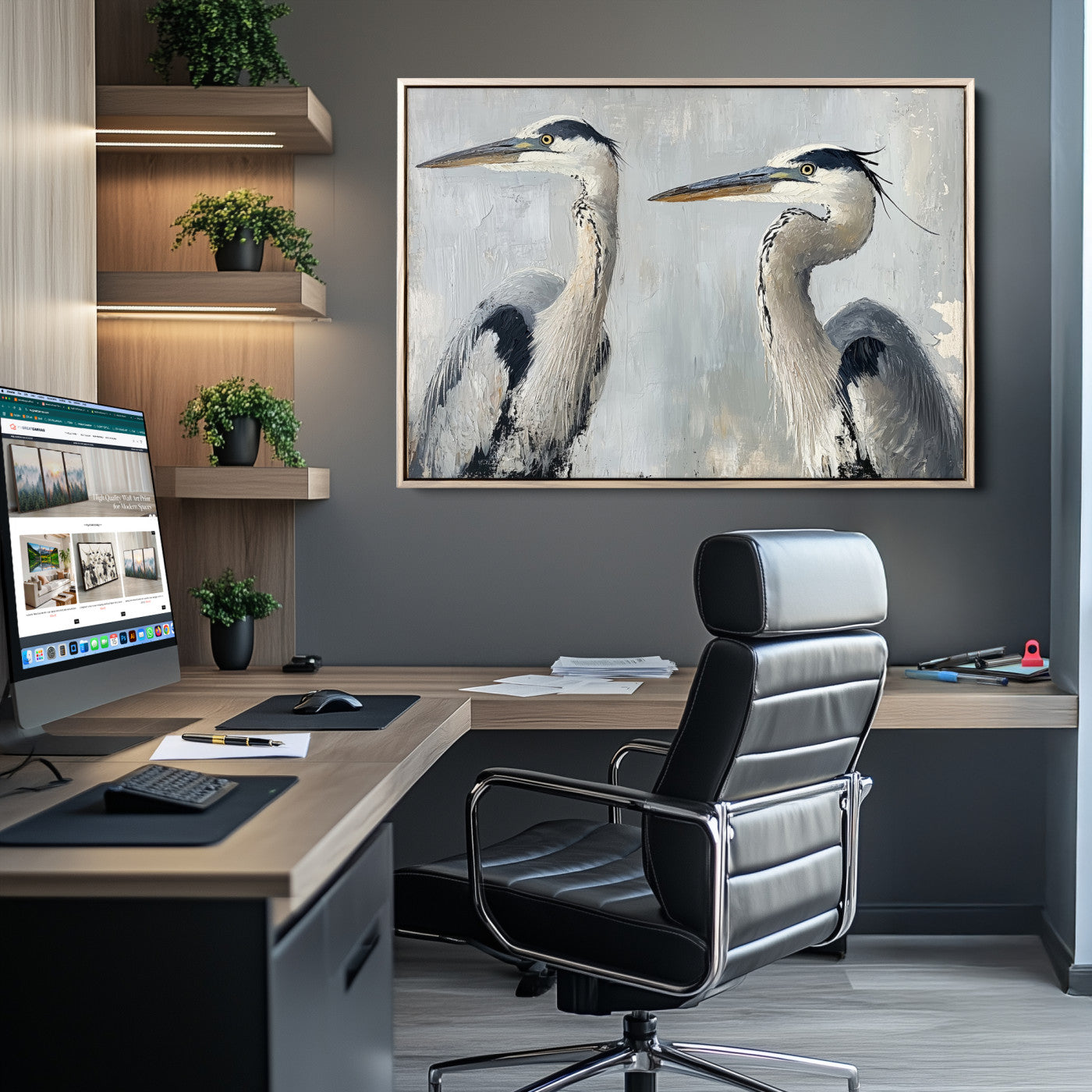 Two elegant herons in profile with soft brush strokes and blue-grey tones, ideal for serene, coastal, or minimalist interior decor.