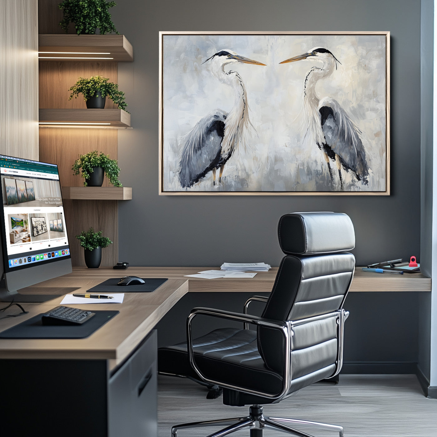 Two herons facing each other on a soft-toned background with blue-grey feathers, perfect for tranquil, coastal or nature-themed interiors.