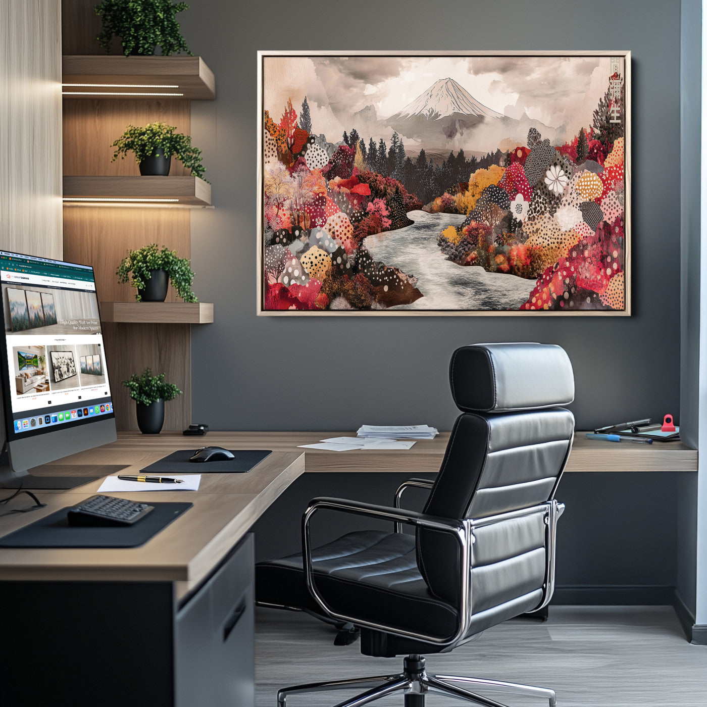 A whimsical mountain landscape with floral autumn trees, river, and misty peak, ideal for cozy, cottagecore, and nature-inspired wall decor.