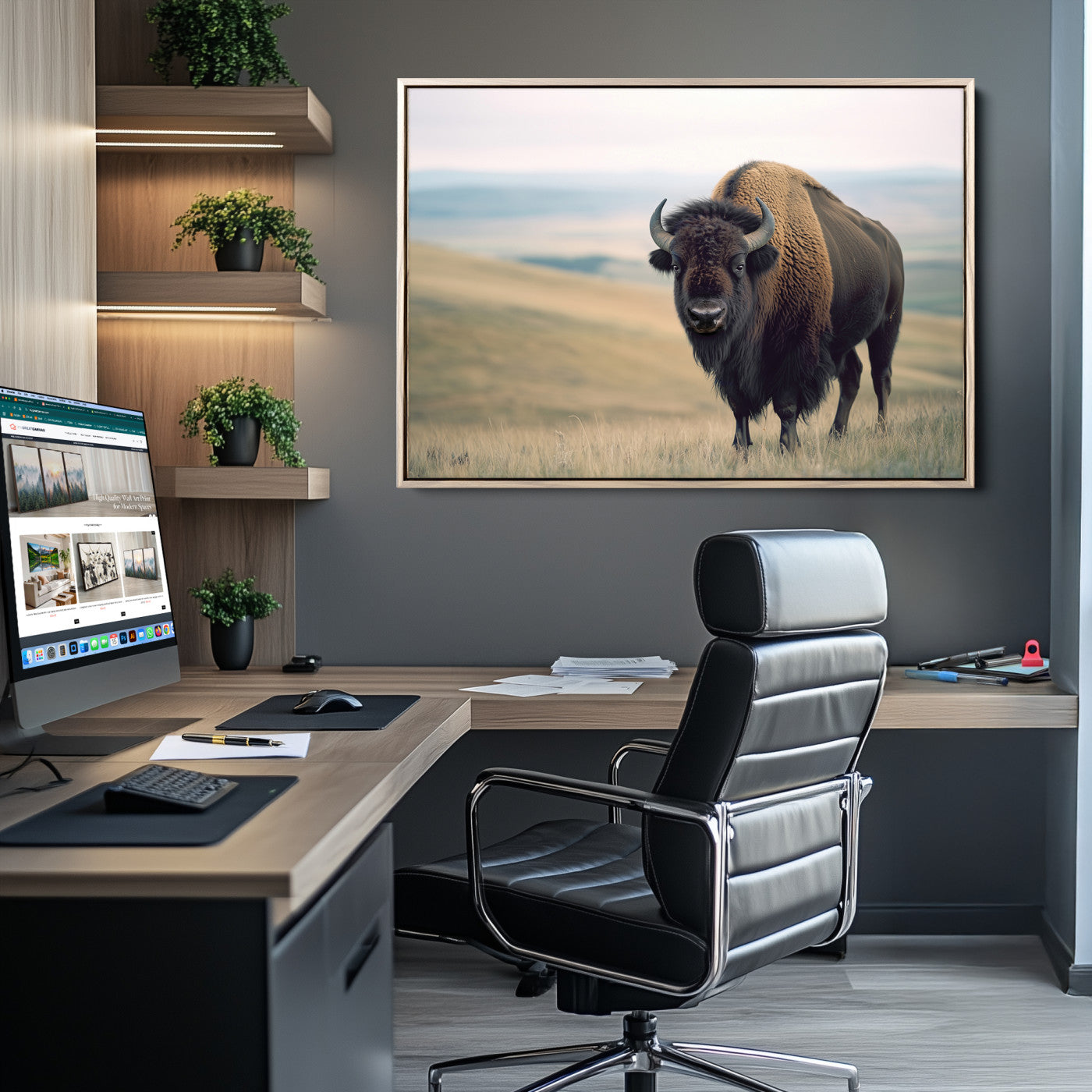 A bison standing strong on a grassy prairie with rolling hills in the background, perfect for rustic and Western-inspired wall decor.
