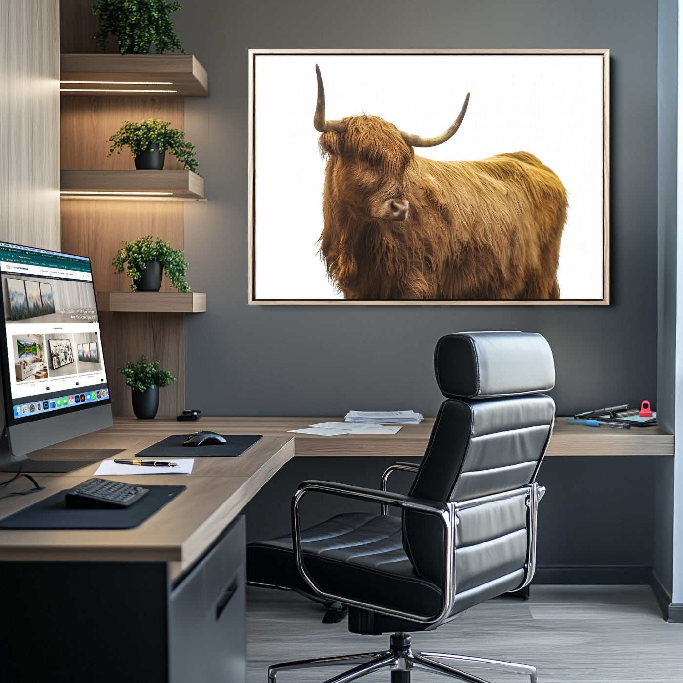 A highland cow with long horns and shaggy fur standing calmly, isolated on white background, ideal for rustic or farmhouse wall decor.